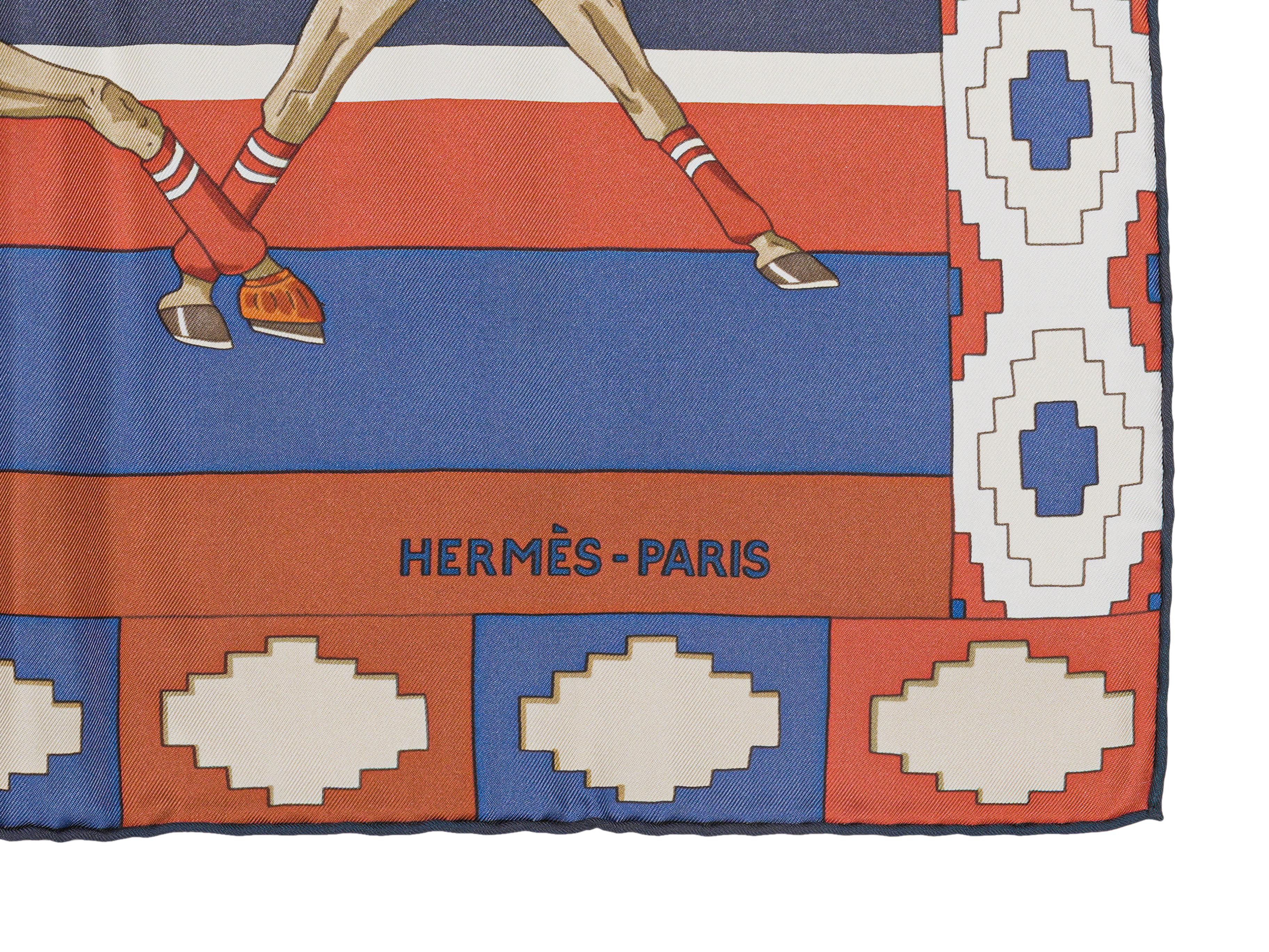 Product Details: Orange and multicolor Les Poneys de Polo motif print silk scarf by Hermes. 35