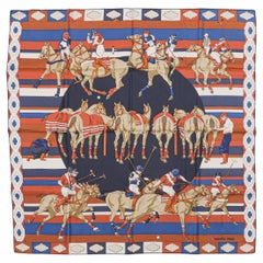 Orange & Multicolor Hermes Les Poneys de Polo Motif Print Silk Scarf
