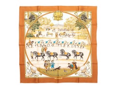Orange & Multicolor Hermes 'Presentation de Chevaux' Motif Printed Silk Scarf