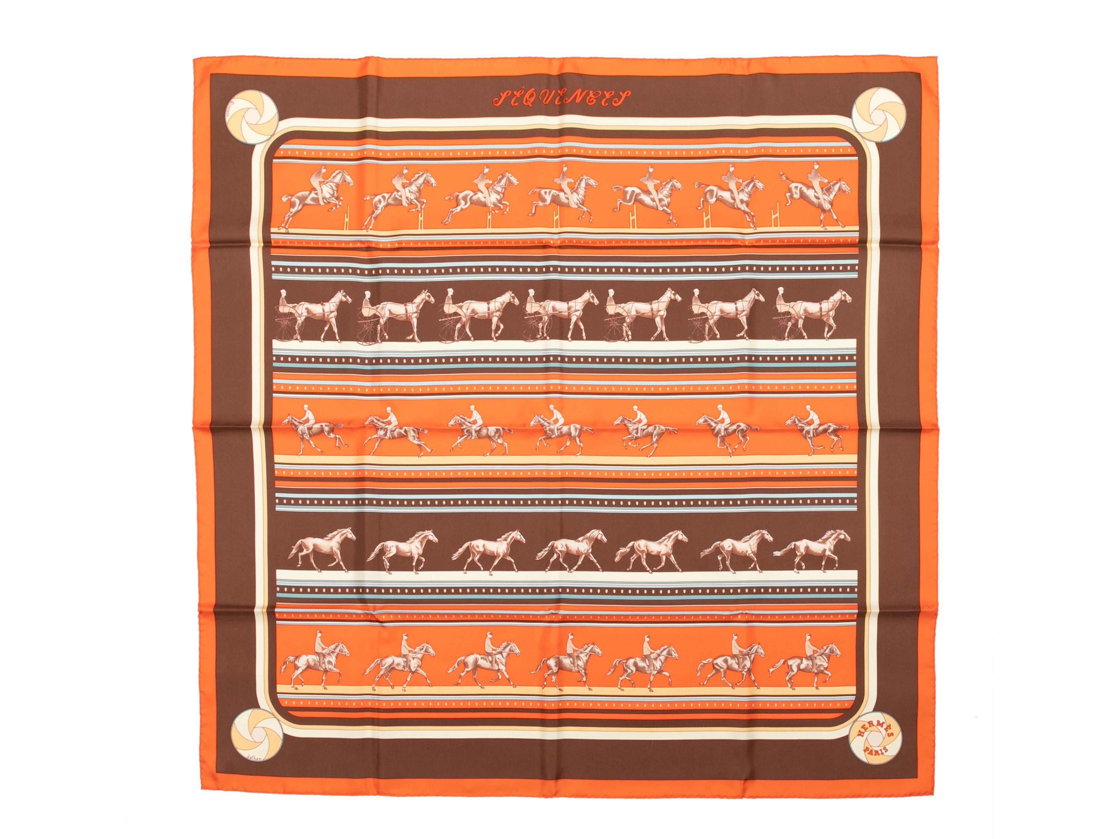 Orange & Multicolor Hermes Sequences Print Silk Scarf In Excellent Condition In New York, NY