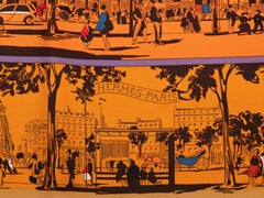 Orange & Multicolor 'Orgauphone et Autres Mecaniques' Motif Printed Silk Scarf