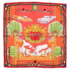 Orange & Multicolor Versace Miami Beach Motif Print Silk Scarf