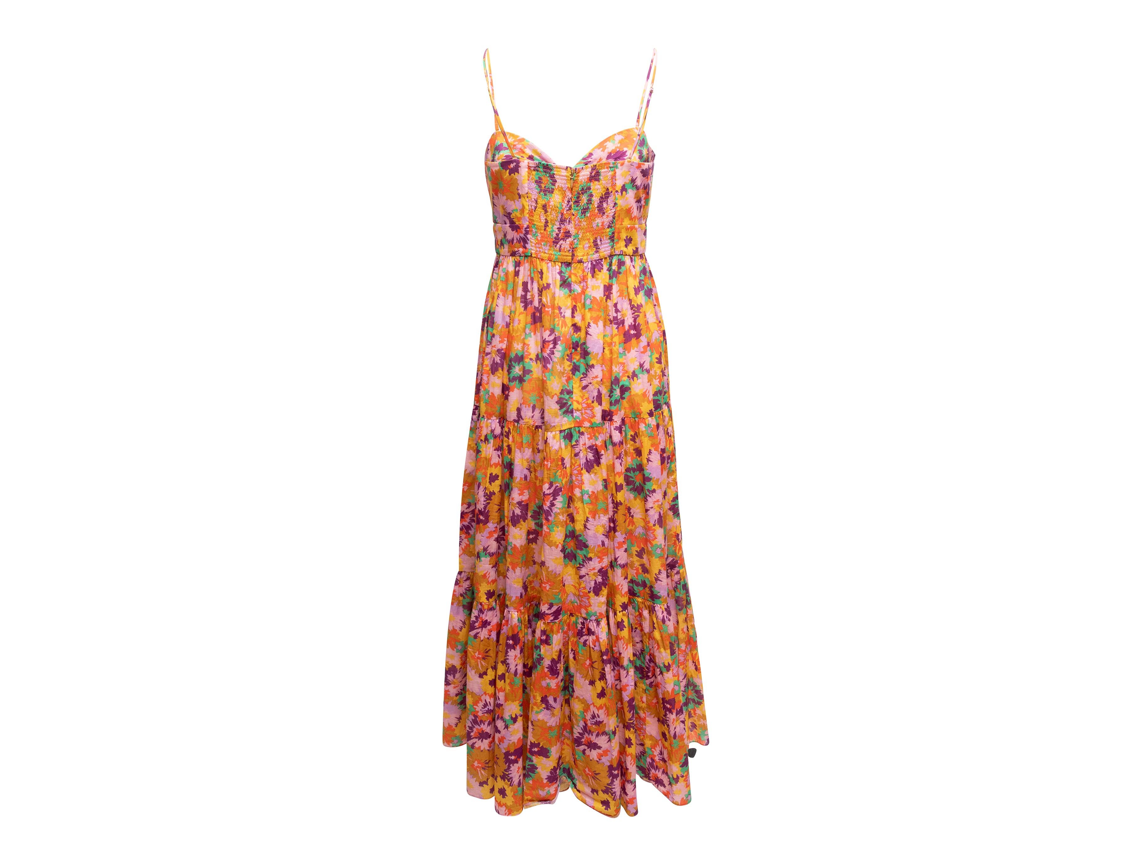 Orangefarbenes und mehrfarbiges ärmelloses Maxikleid mit Blumendruck von Zimmermann. Sweetheart-Ausschnitt. Schmale Riemen. Krawattenakzent an der Büste. Reißverschluss am Rücken. 34