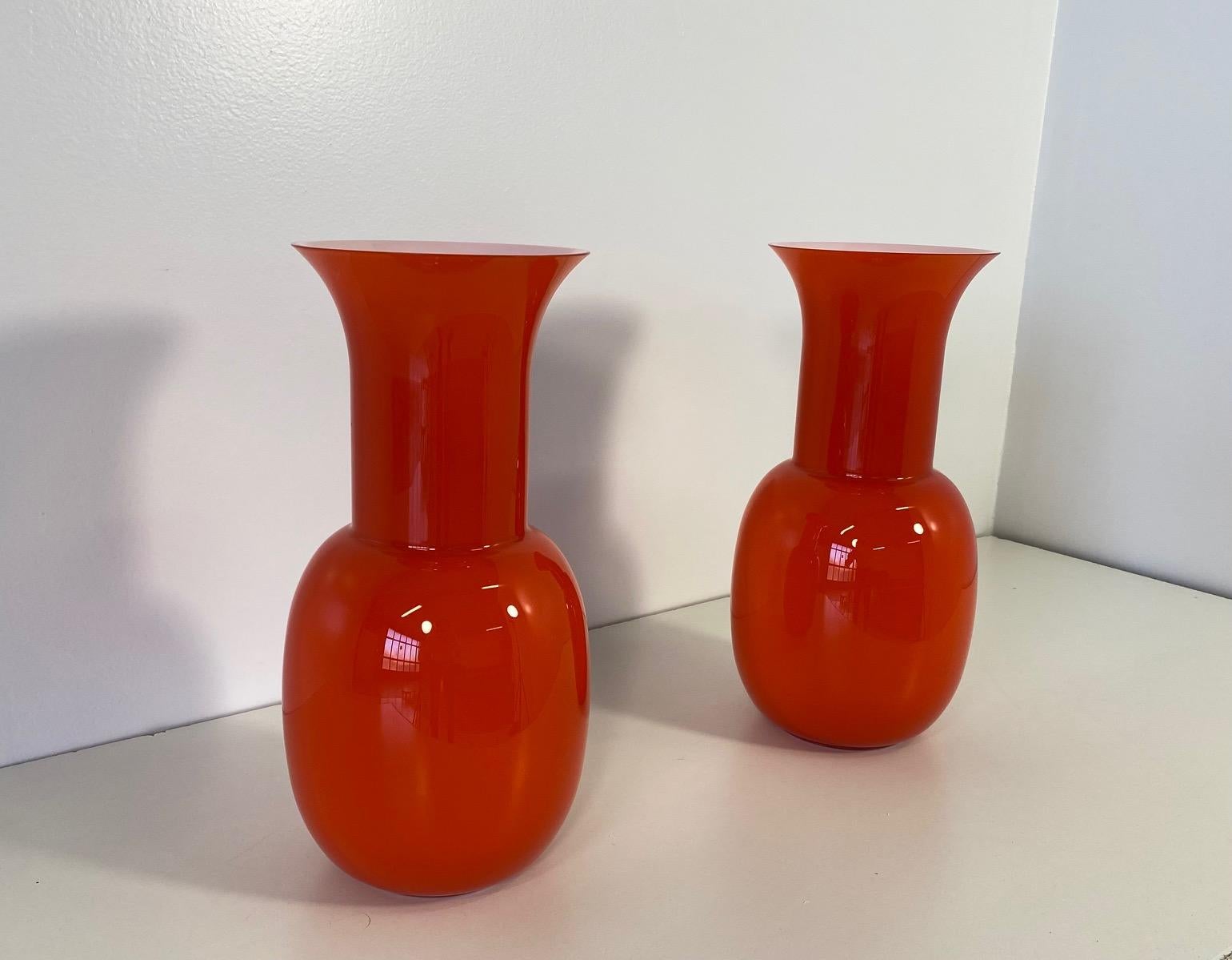 Art Deco Orange Murano Glass Pair of Vases, Signed 'Nason Murano'