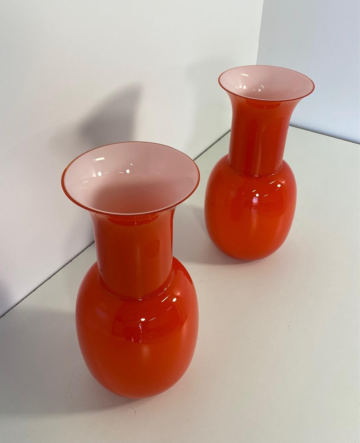 Italian Orange Murano Glass Pair of Vases, Signed 'Nason Murano'