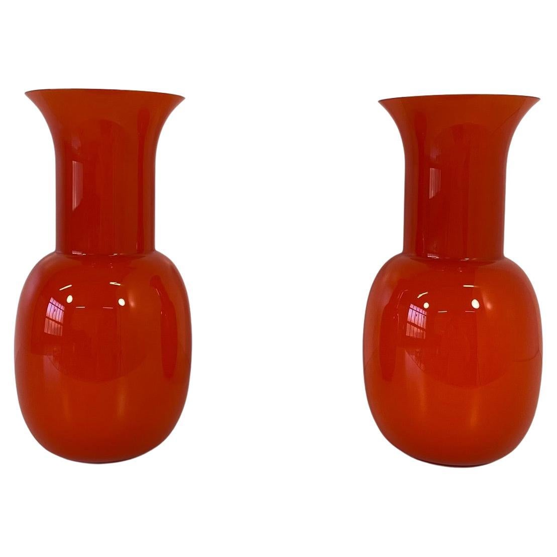 Orange Murano Glass Pair of Vases, Signed 'Nason Murano'