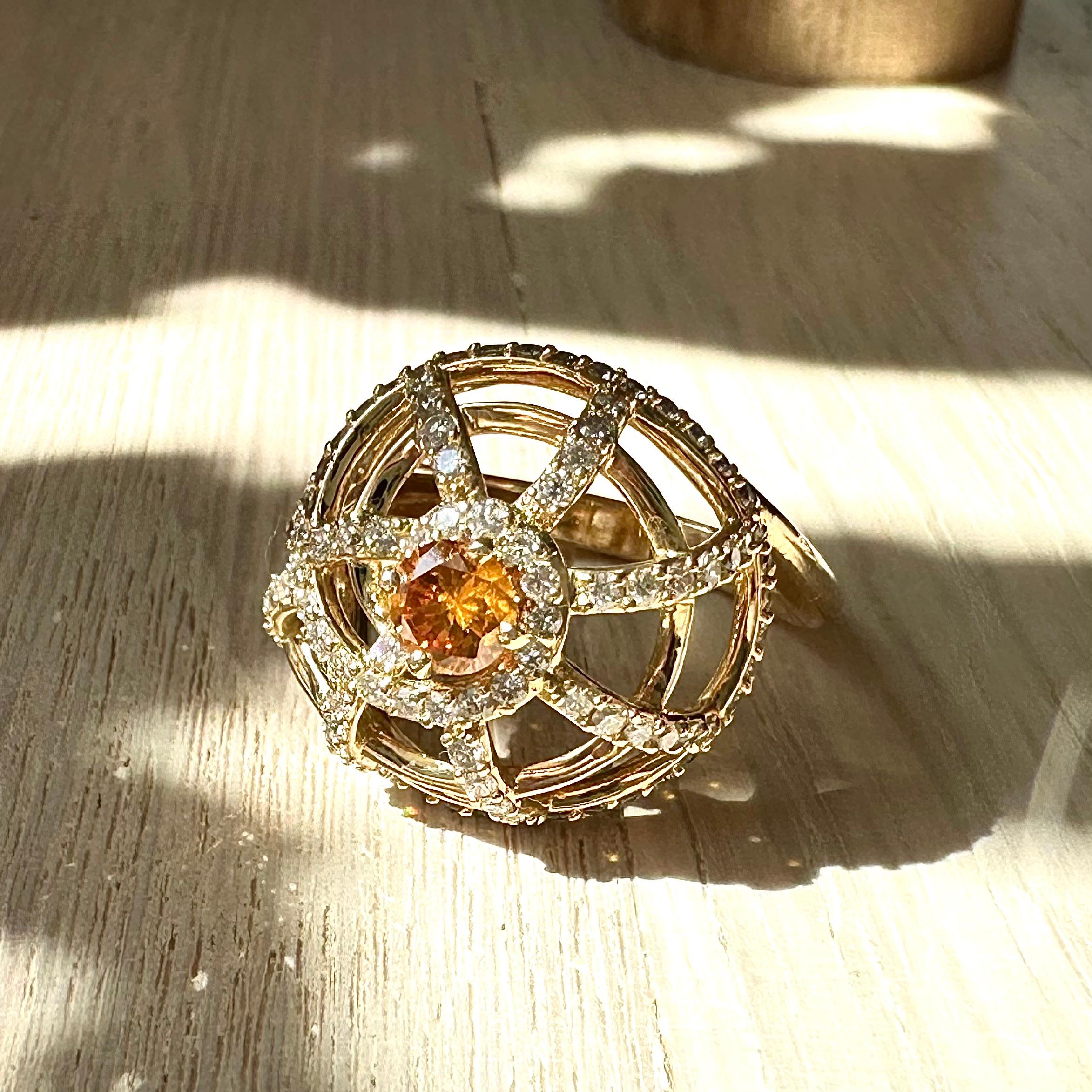 Contemporary Orange Natural Color Diamond Nautical Shell Ring Pave' Diamonds 18K Gold  For Sale