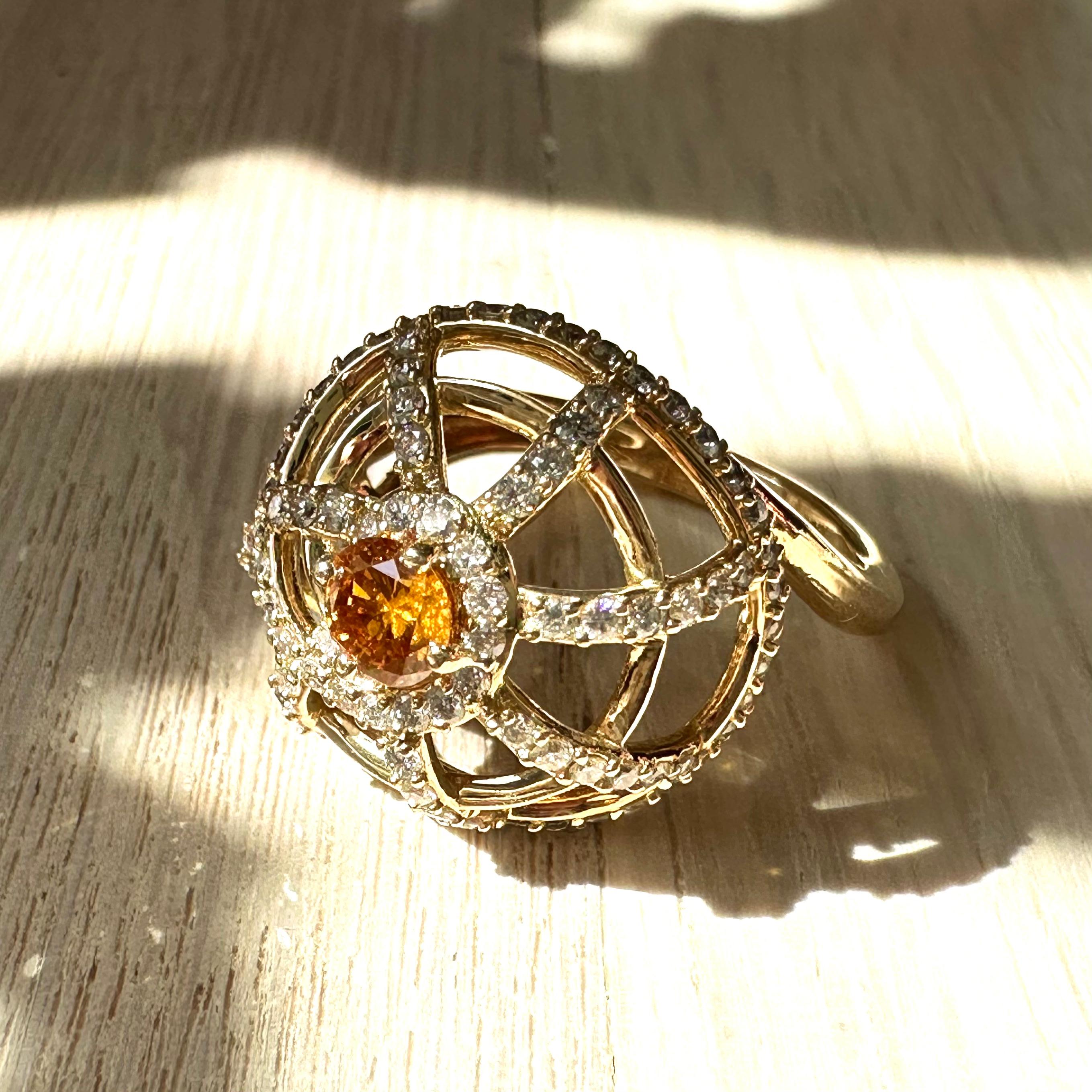 Brilliant Cut Orange Natural Color Diamond Nautical Shell Ring Pave' Diamonds 18K Gold  For Sale
