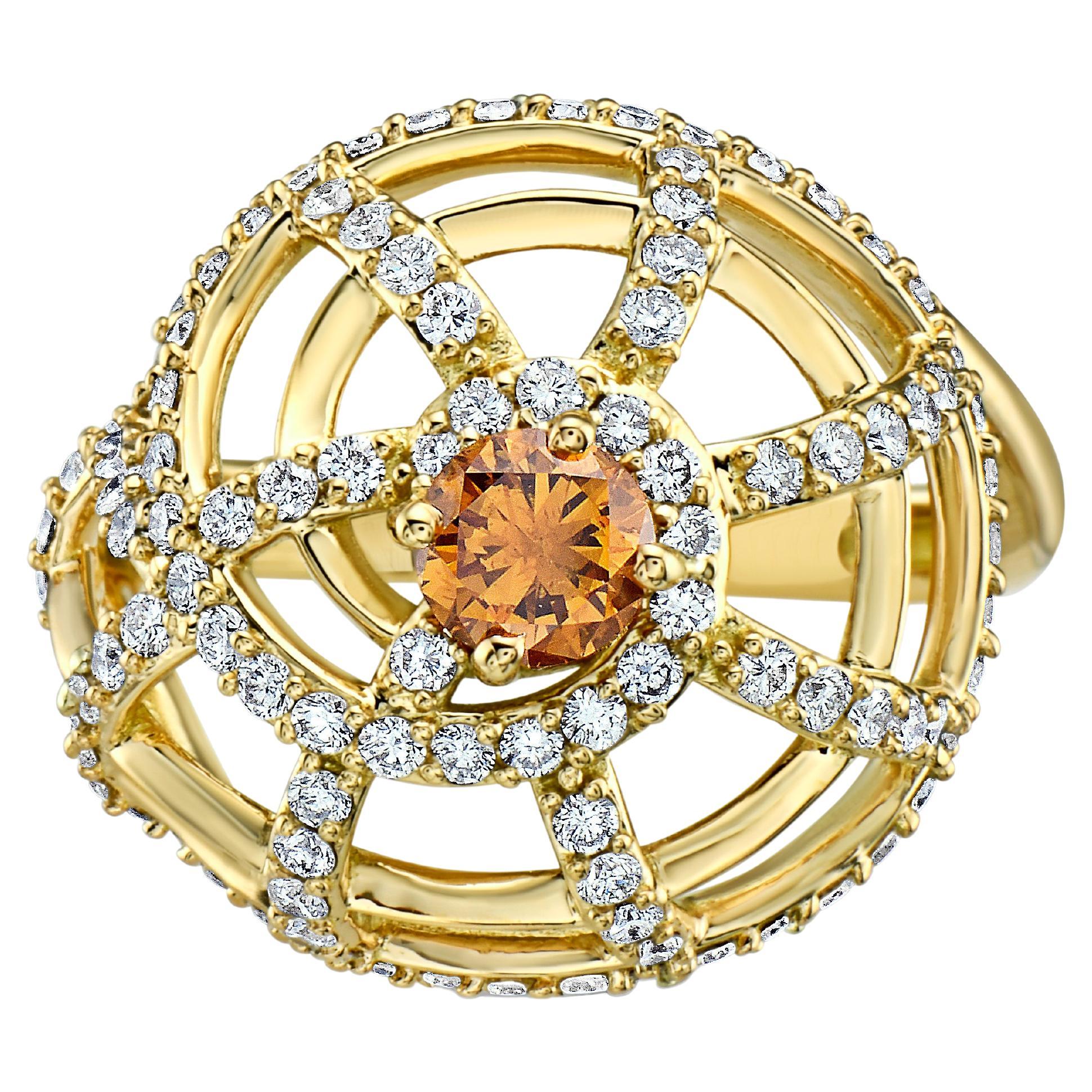 Orange Natural Color Diamond Nautical Shell Ring Pave' Diamonds 18K Gold  For Sale