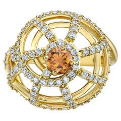 Orange Natural Color Diamond Nautical Shell Ring Pave' Diamonds 18K Gold 