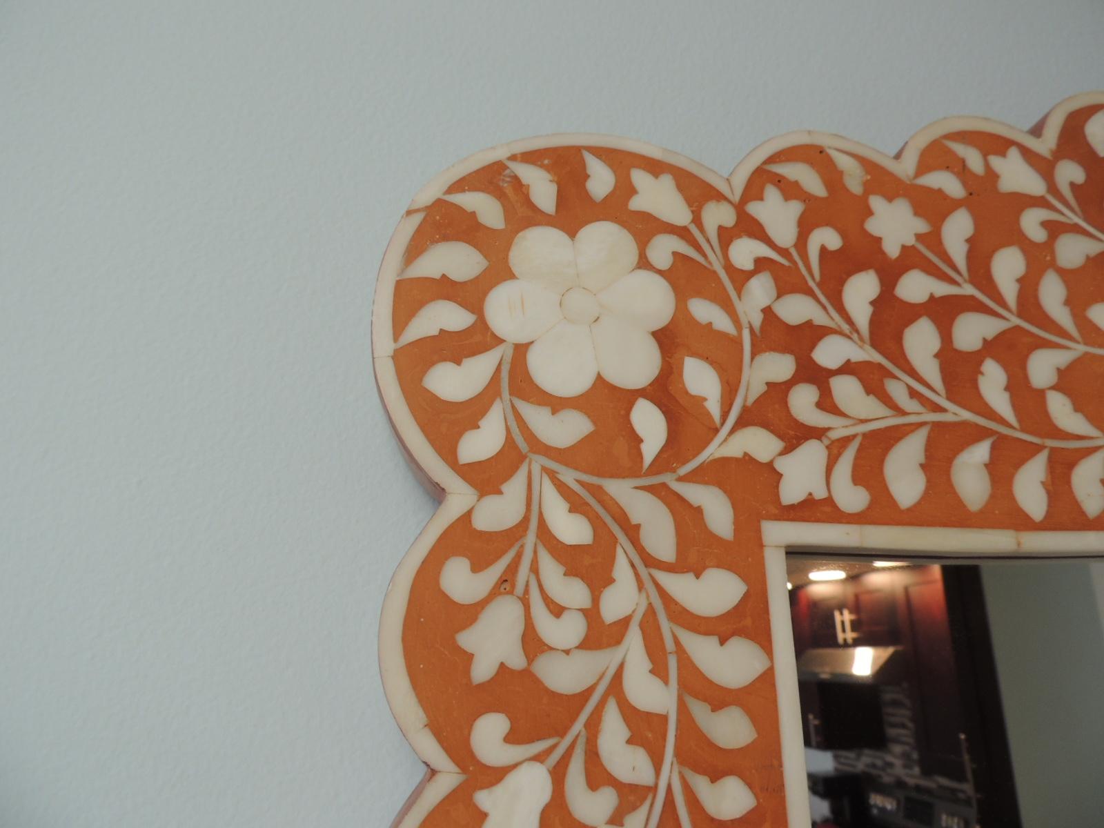 Indian Orange & Natural Faux-Camel Bone Inlaid Floral Pattern Mirror