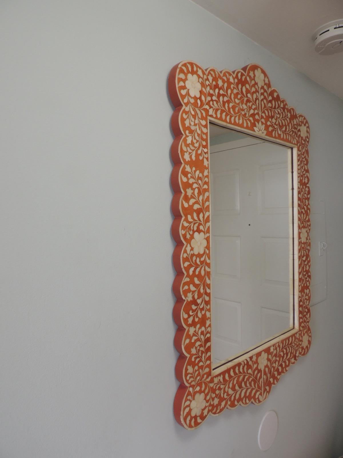 Machine-Made Orange & Natural Faux-Camel Bone Inlaid Floral Pattern Mirror