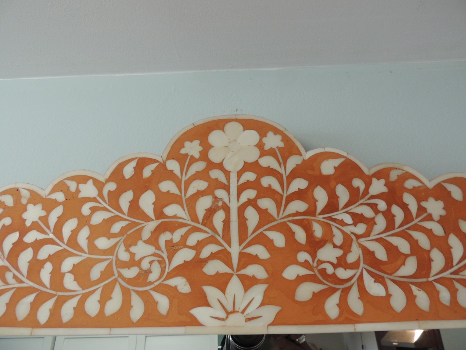 Orange & Natural Faux-Camel Bone Inlaid Floral Pattern Mirror In Good Condition In Oakland Park, FL