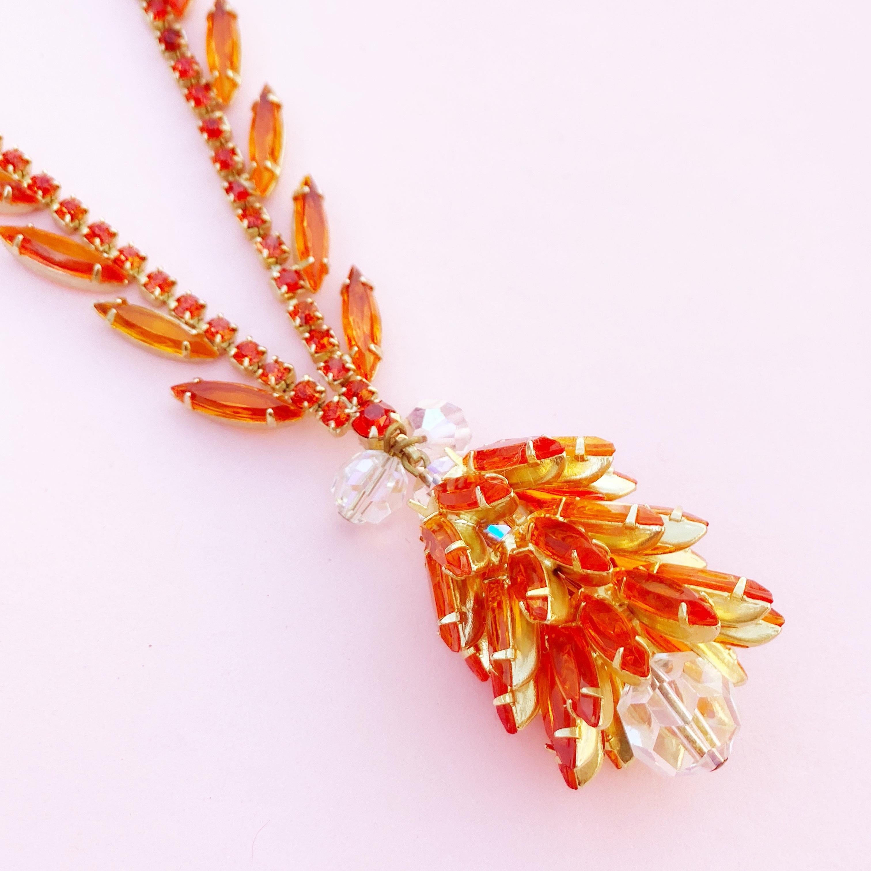 Modern Orange Navette Crystal Juliana Cluster Necklace by DeLizza & Elster (D&E), 1960s For Sale
