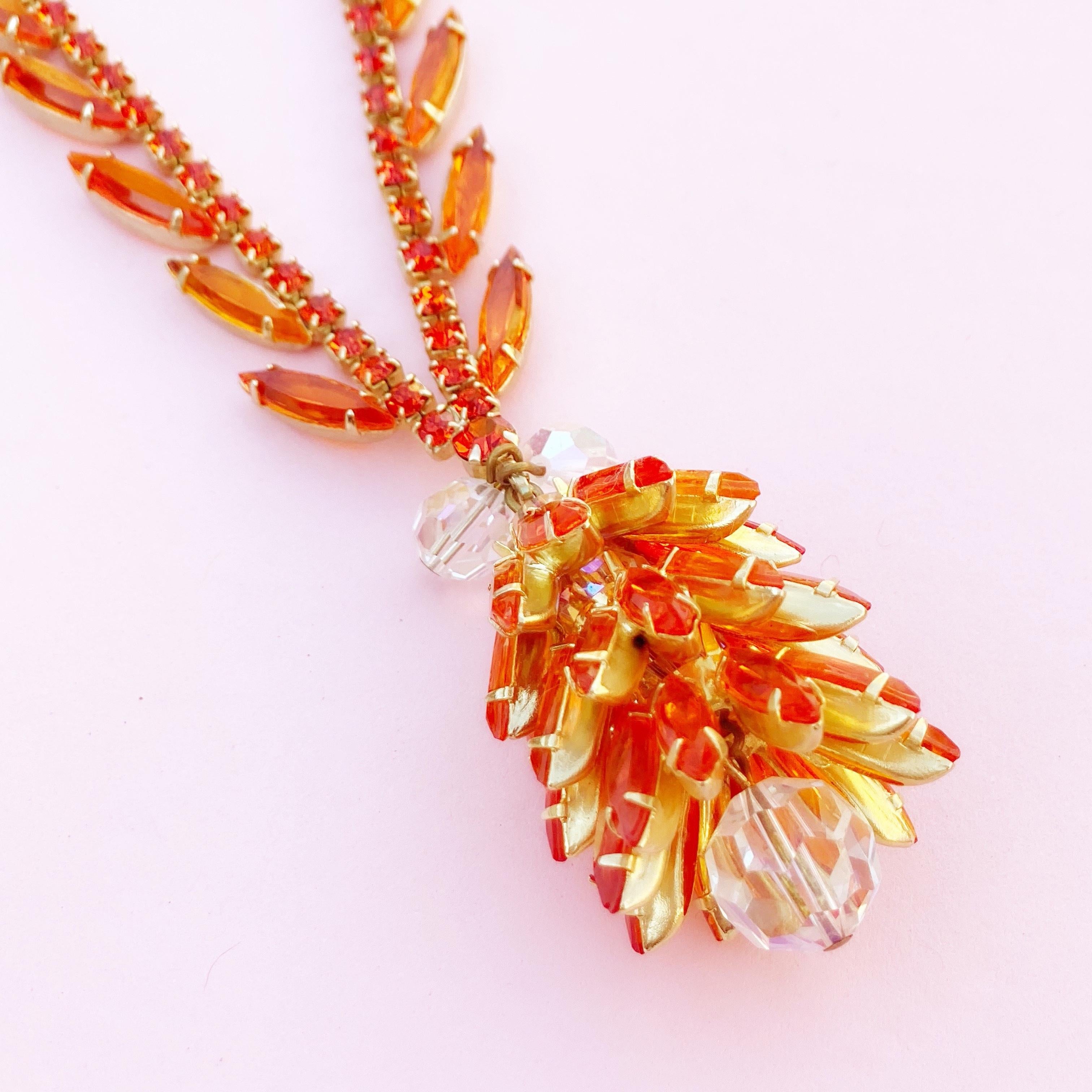 Orange Navette Crystal Juliana Cluster Necklace by DeLizza & Elster (D&E), 1960s In Good Condition For Sale In McKinney, TX