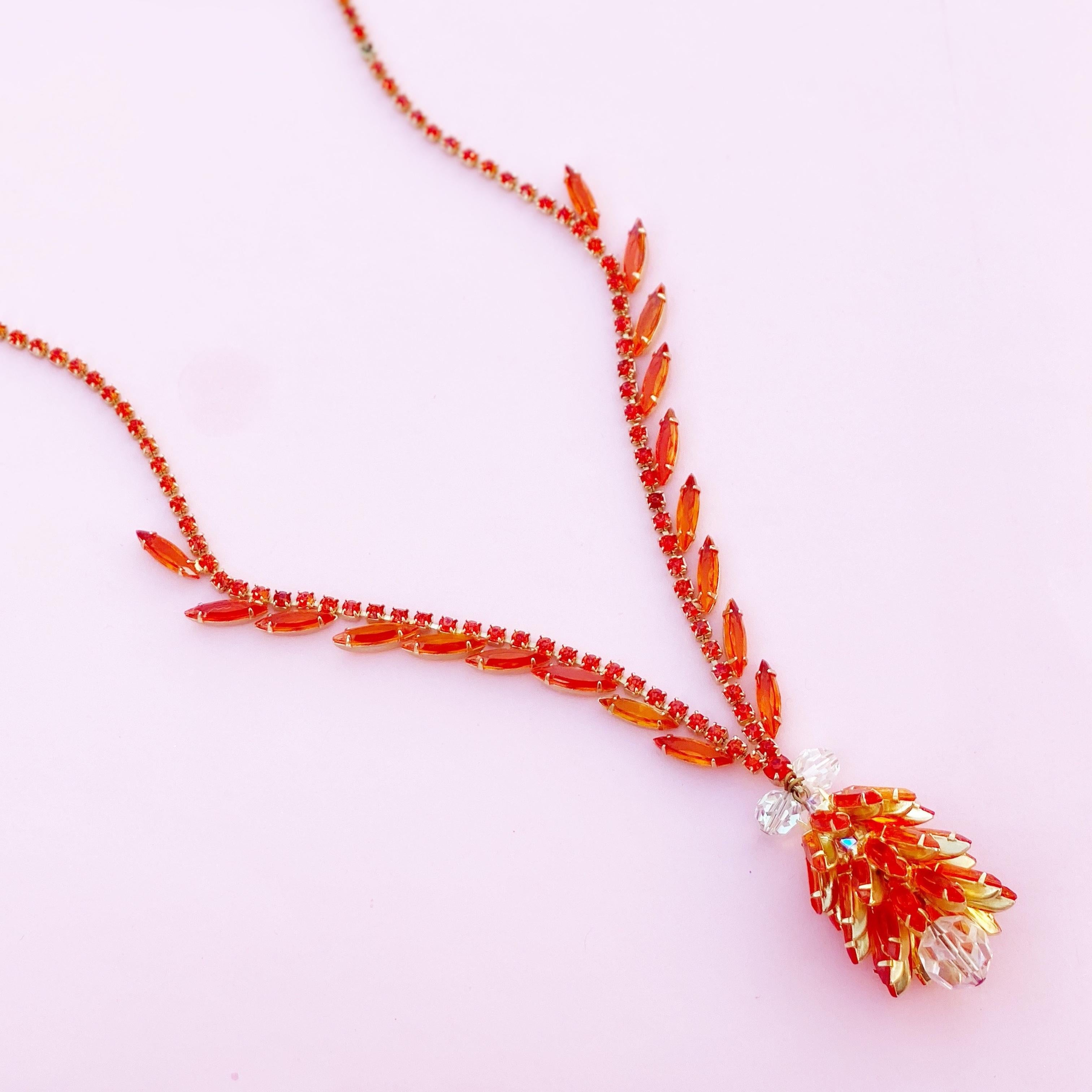 Orange Navette Crystal Juliana Cluster Necklace by DeLizza & Elster (D&E), 1960s For Sale 3