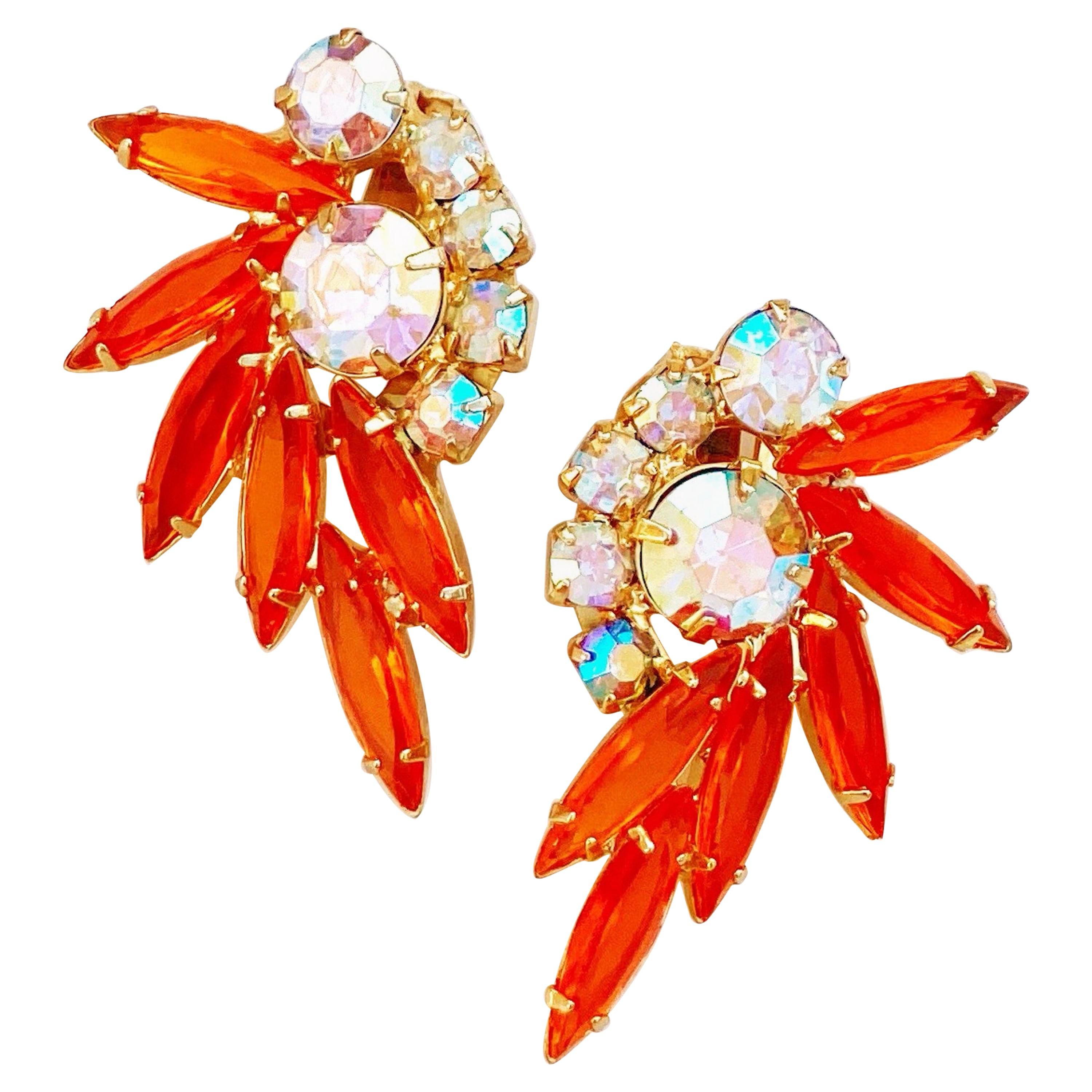 Orange Navette Rhinestone Juliana Climber Earrings by DeLizza & Elster, 1960s