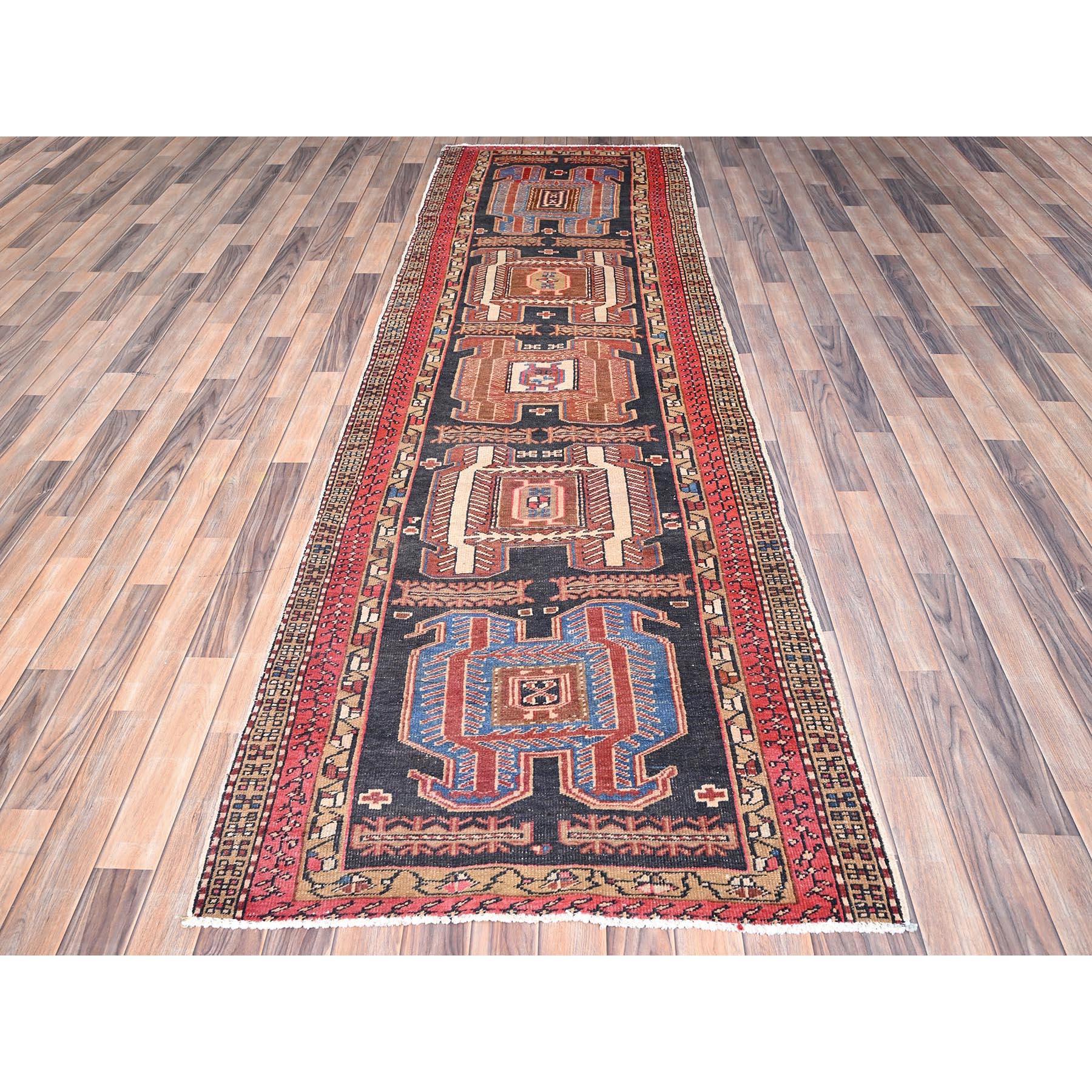 Medieval Orange Old North West Persian Geometric Design Hand Knotted Pure Wool Runner Rug For Sale