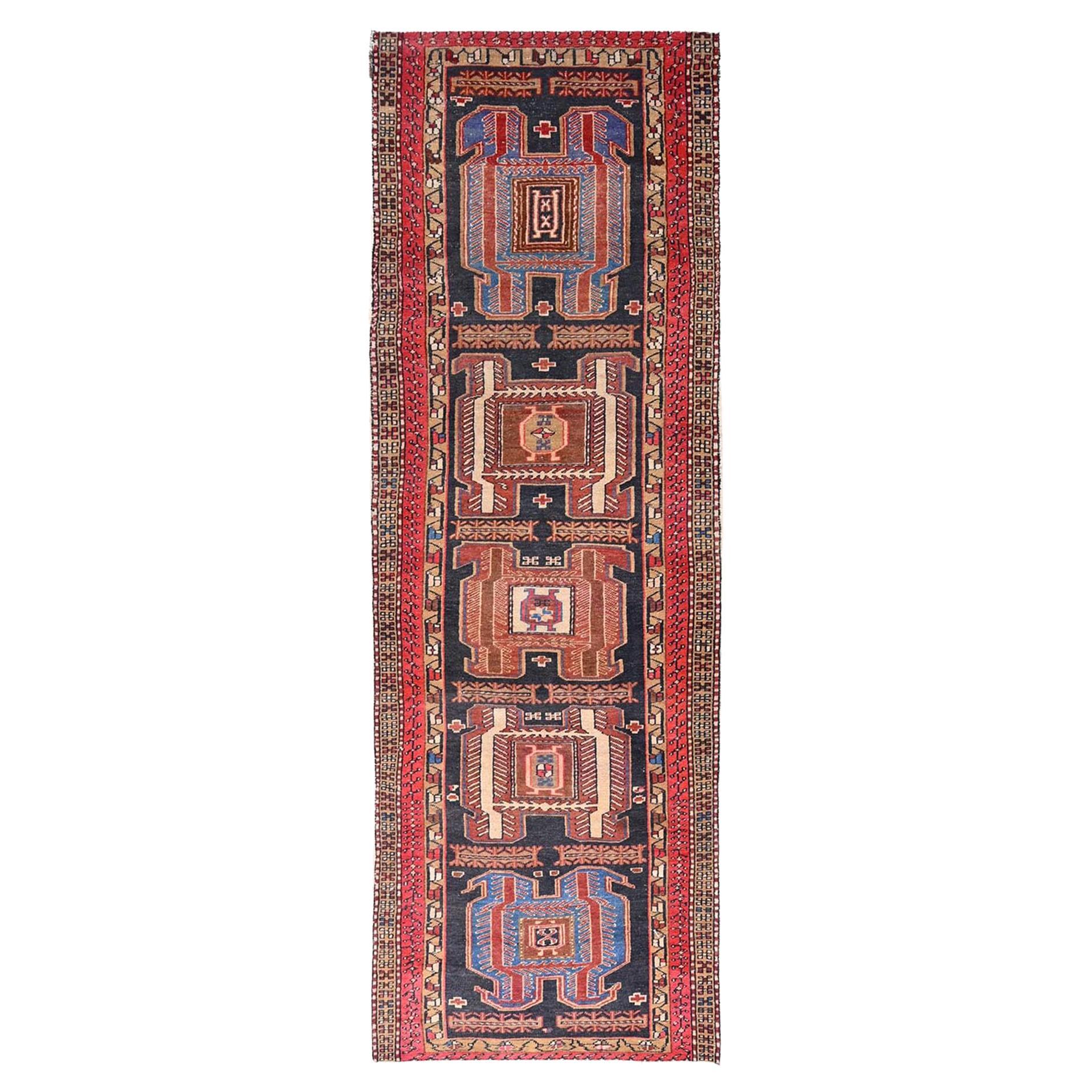Orange Old North West Persian Geometric Design Hand Knotted Pure Wool Runner Rug For Sale