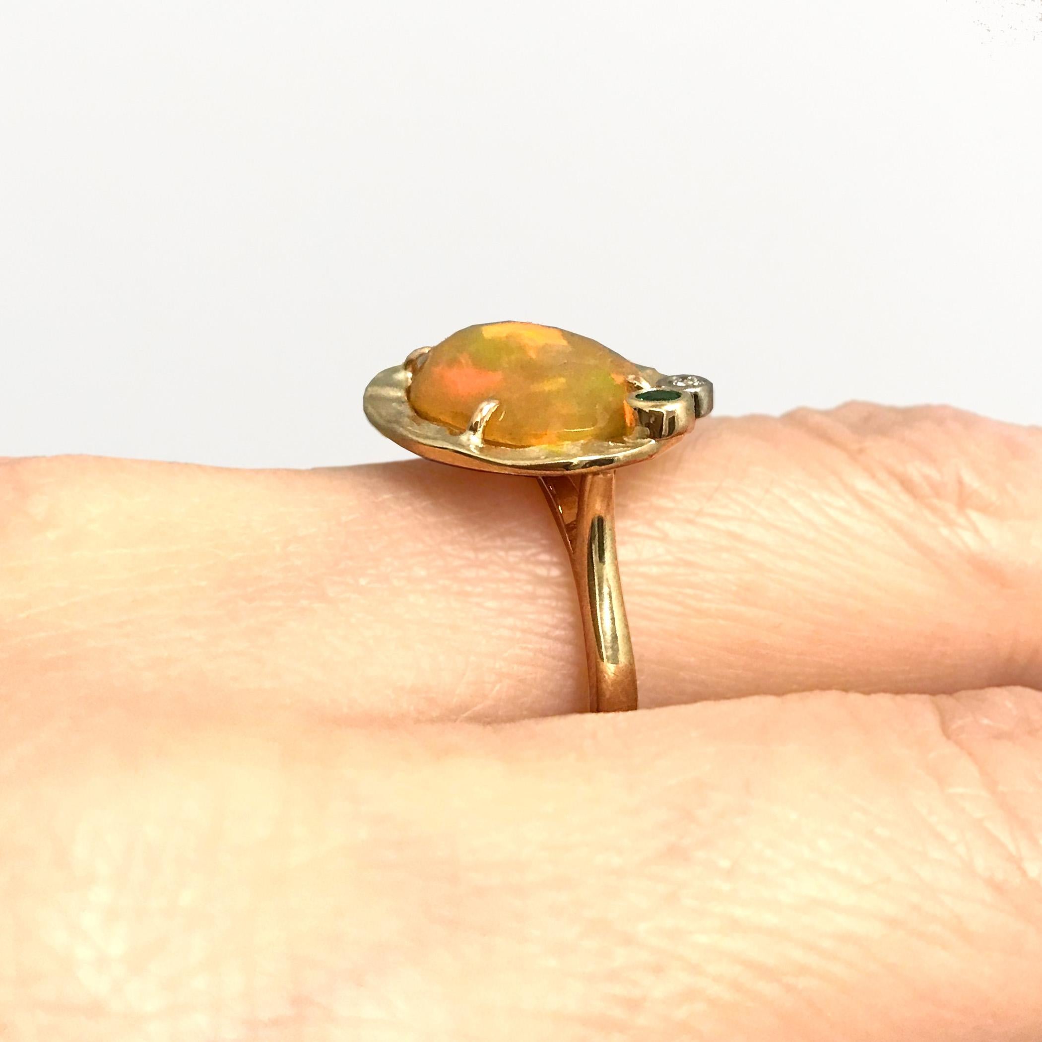 Contemporary Orange Opal with Green Garnet and Diamond Accents 14 Karat Gold Cocktail Ring