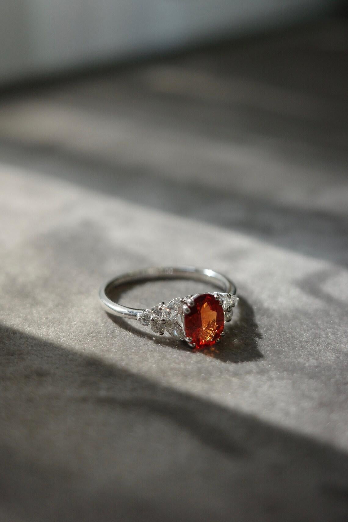 For Sale:  Orange Oval Sapphire Engagement Ring with marquise diamond accents 5