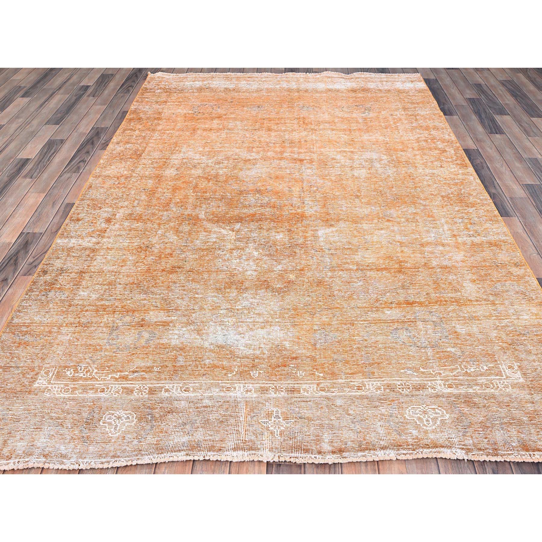 Hand-Knotted Orange Overdyed Old Persian Tabriz Distressed Evenly Worn Hand Knotted Wool Rug For Sale