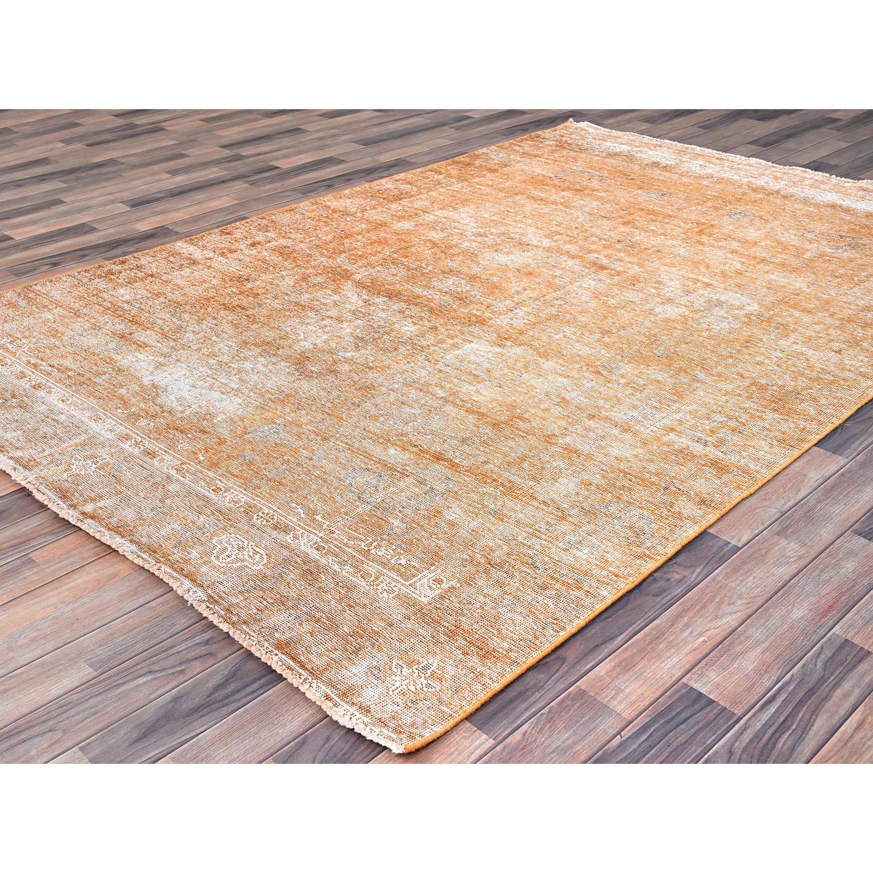 Orange Overdyed Old Persian Tabriz Distressed Evenly Worn Hand Knotted Wool Rug In Good Condition For Sale In Carlstadt, NJ