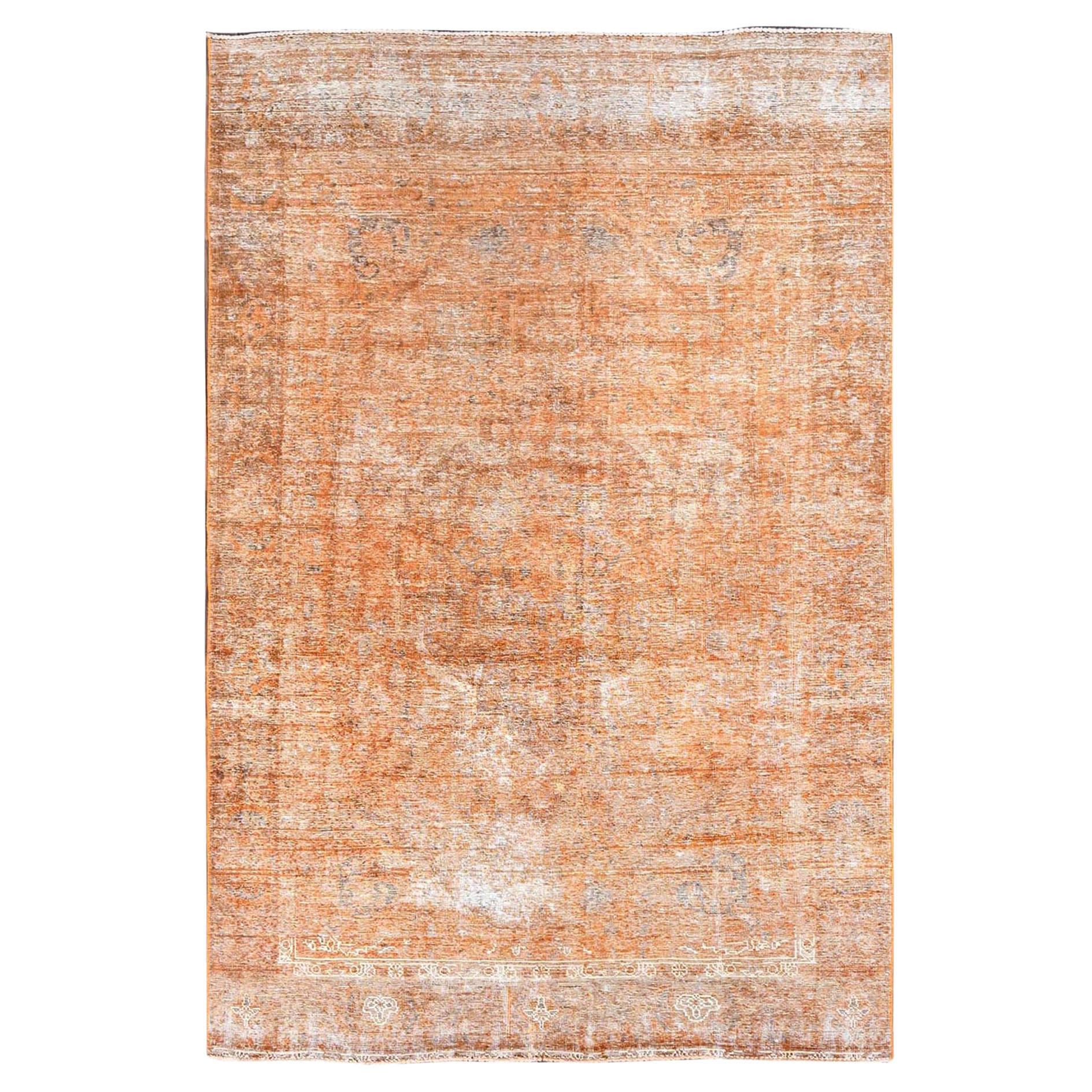 Orange Overdyed Old Persian Tabriz Distressed Evenly Worn Hand Knotted Wool Rug