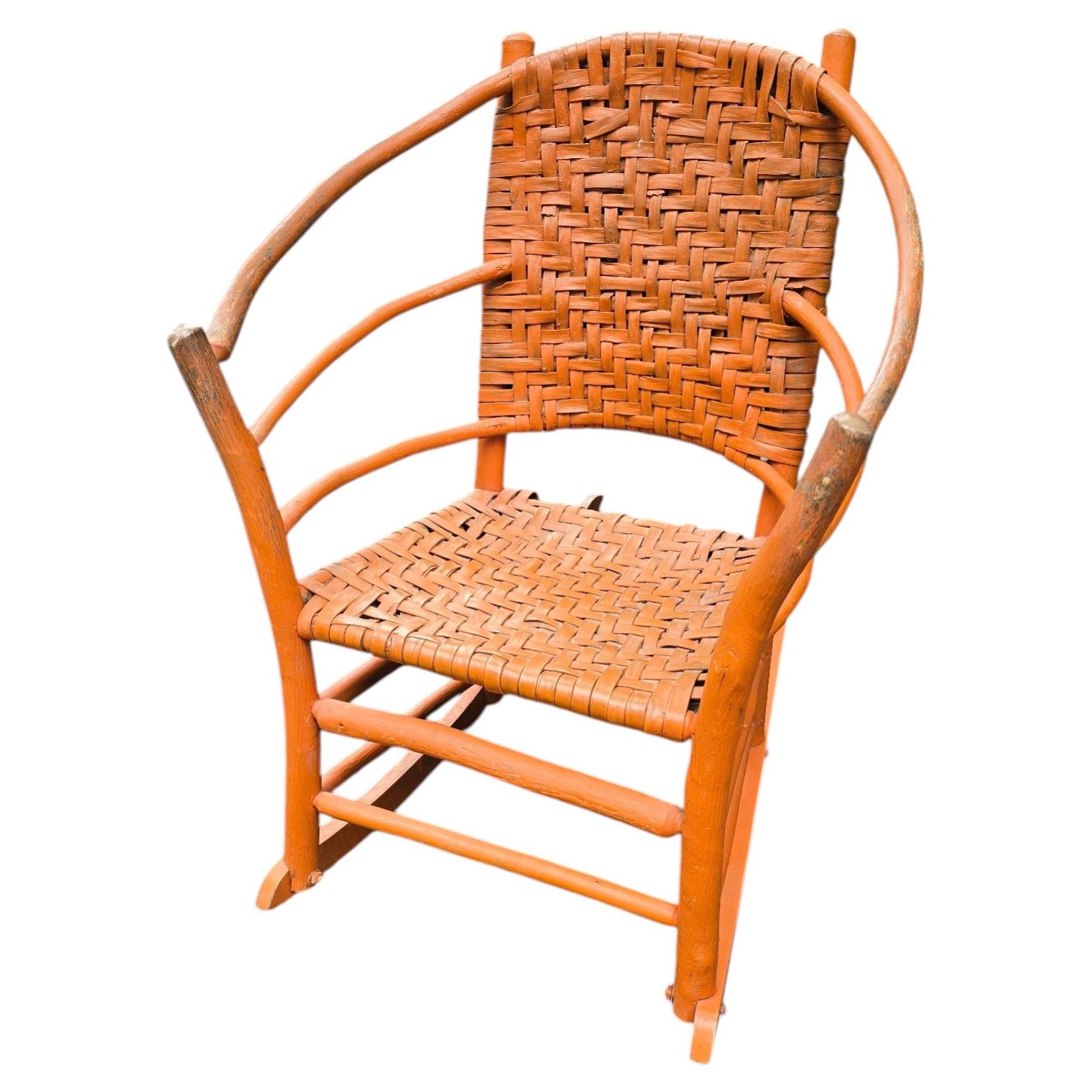 Orange Painted 1930s Signed Old Hickory Barrel Back Rocker For Sale