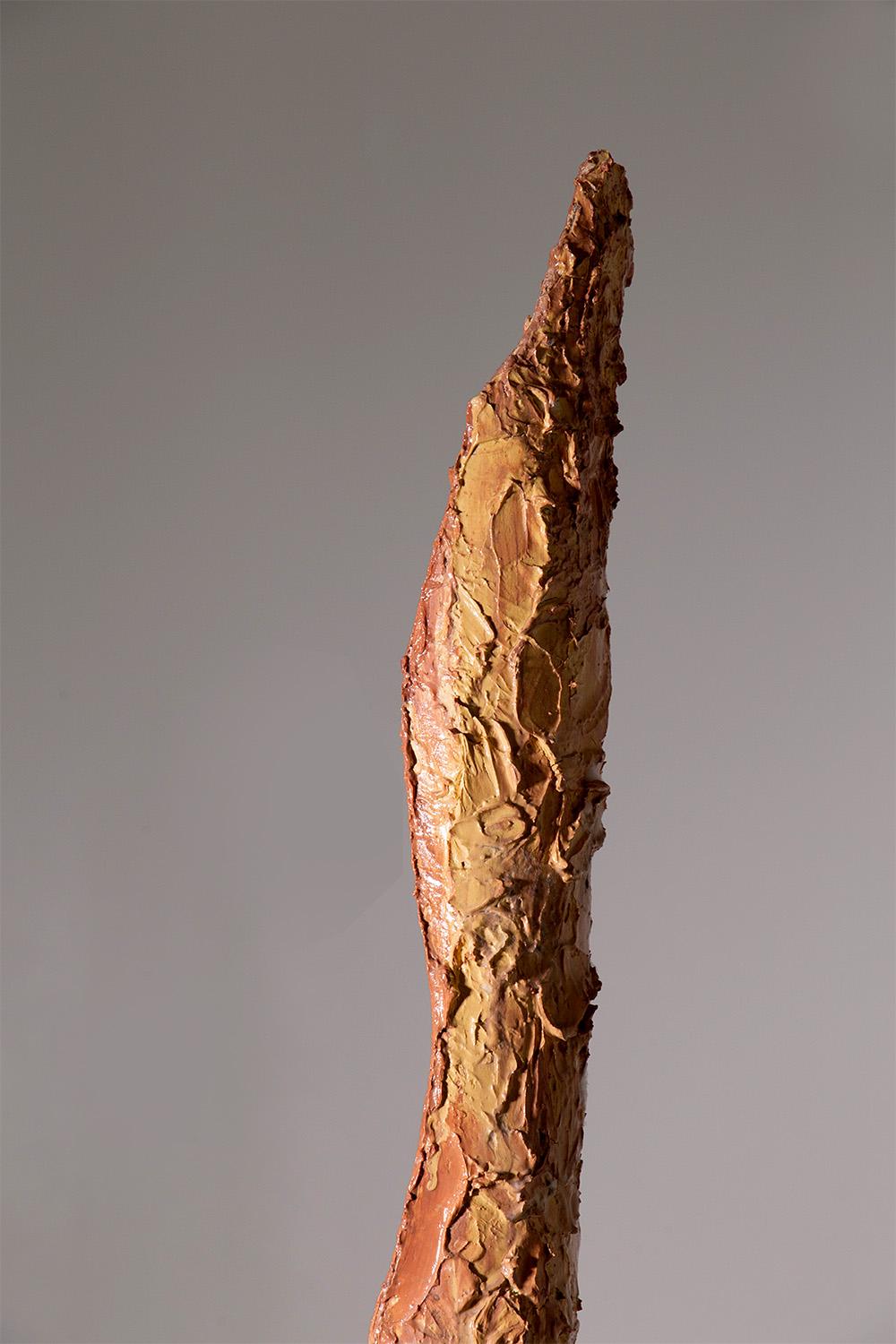 The iron sculpture by Mario Brunelli, created in the 1990s, embodies an extraordinary verticality and profound expressive power. The slender form of the sculpture rises with a silent yet imposing presence, evoking a sense of aspiration and a