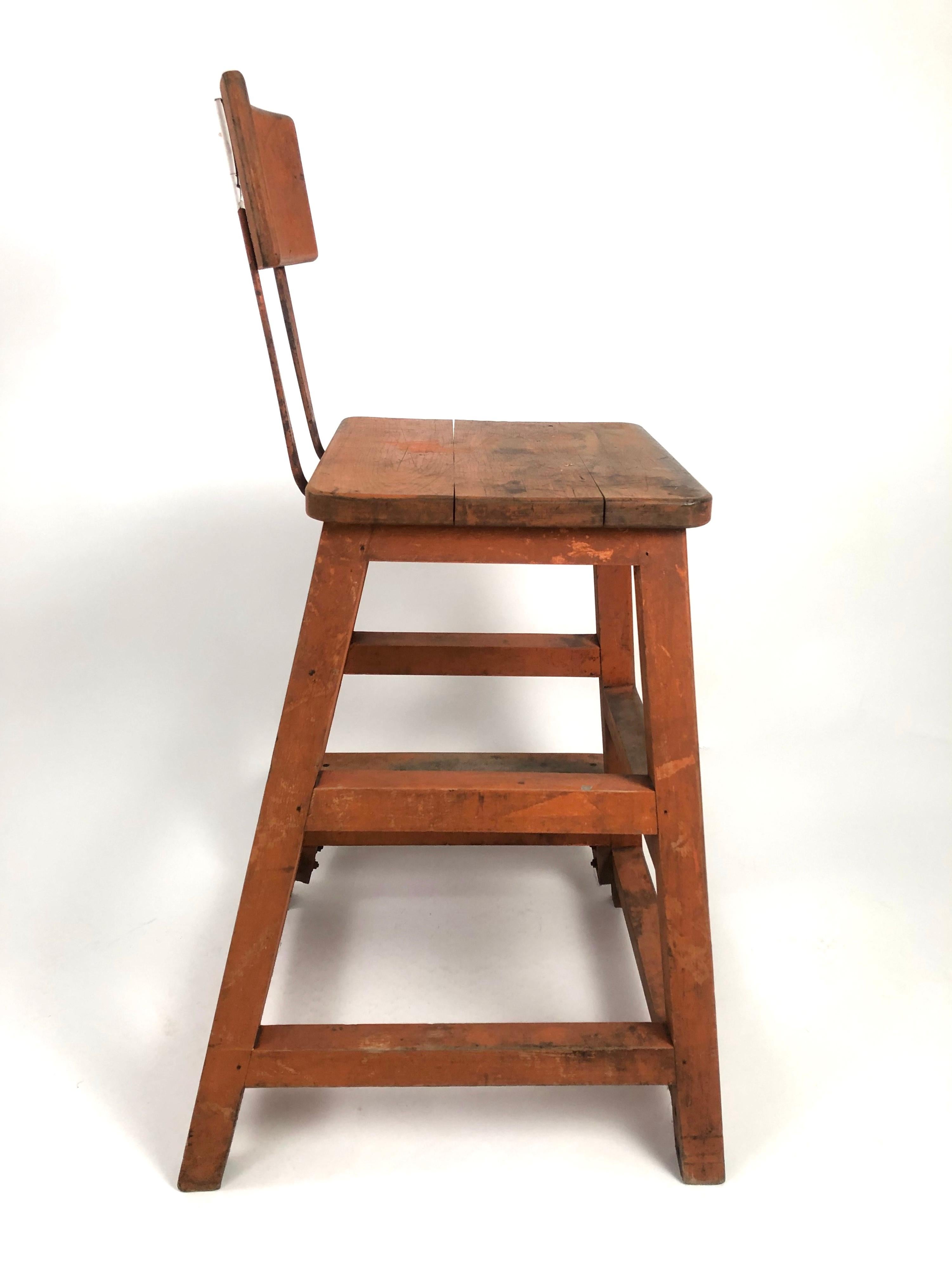 Orange Painted Wood and Metal Industrial Factory Stool, circa 1920s In Good Condition In Essex, MA