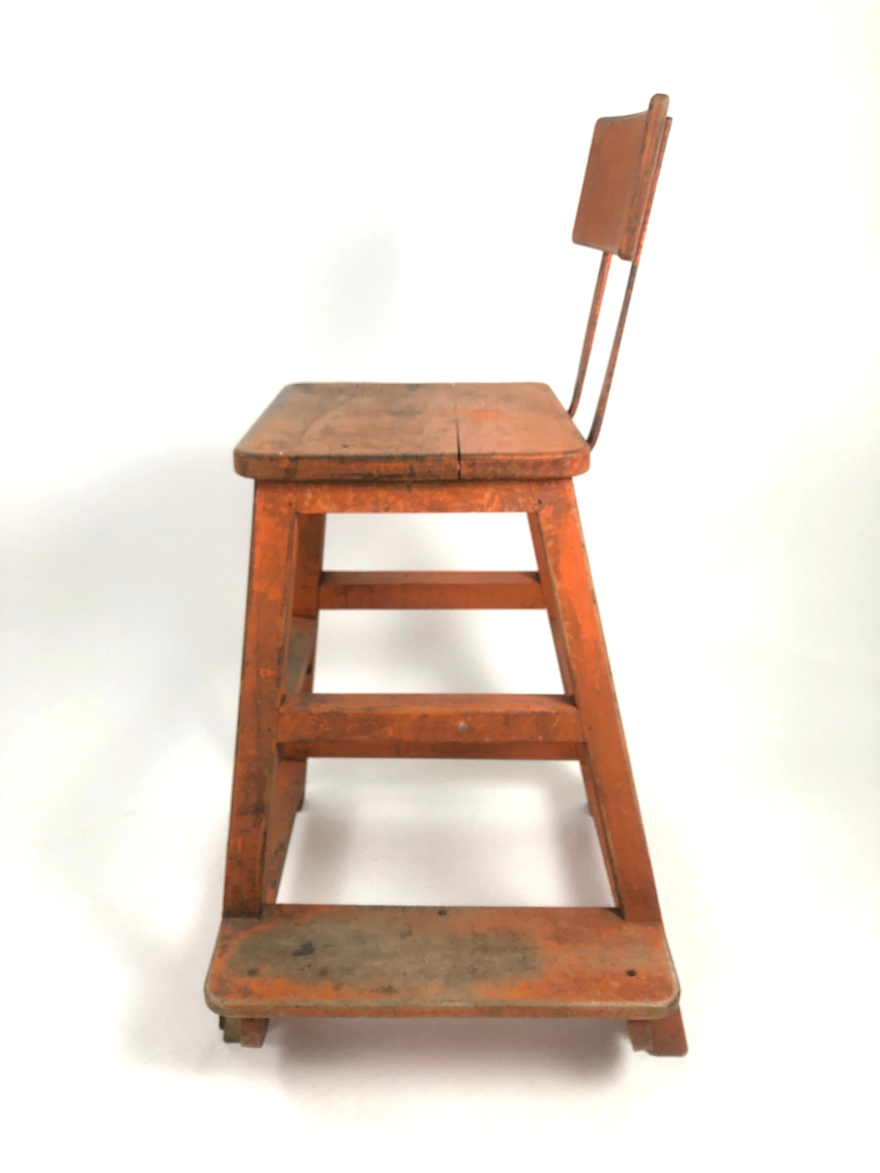 Early 20th Century Orange Painted Wood and Metal Industrial Factory Stool, circa 1920s
