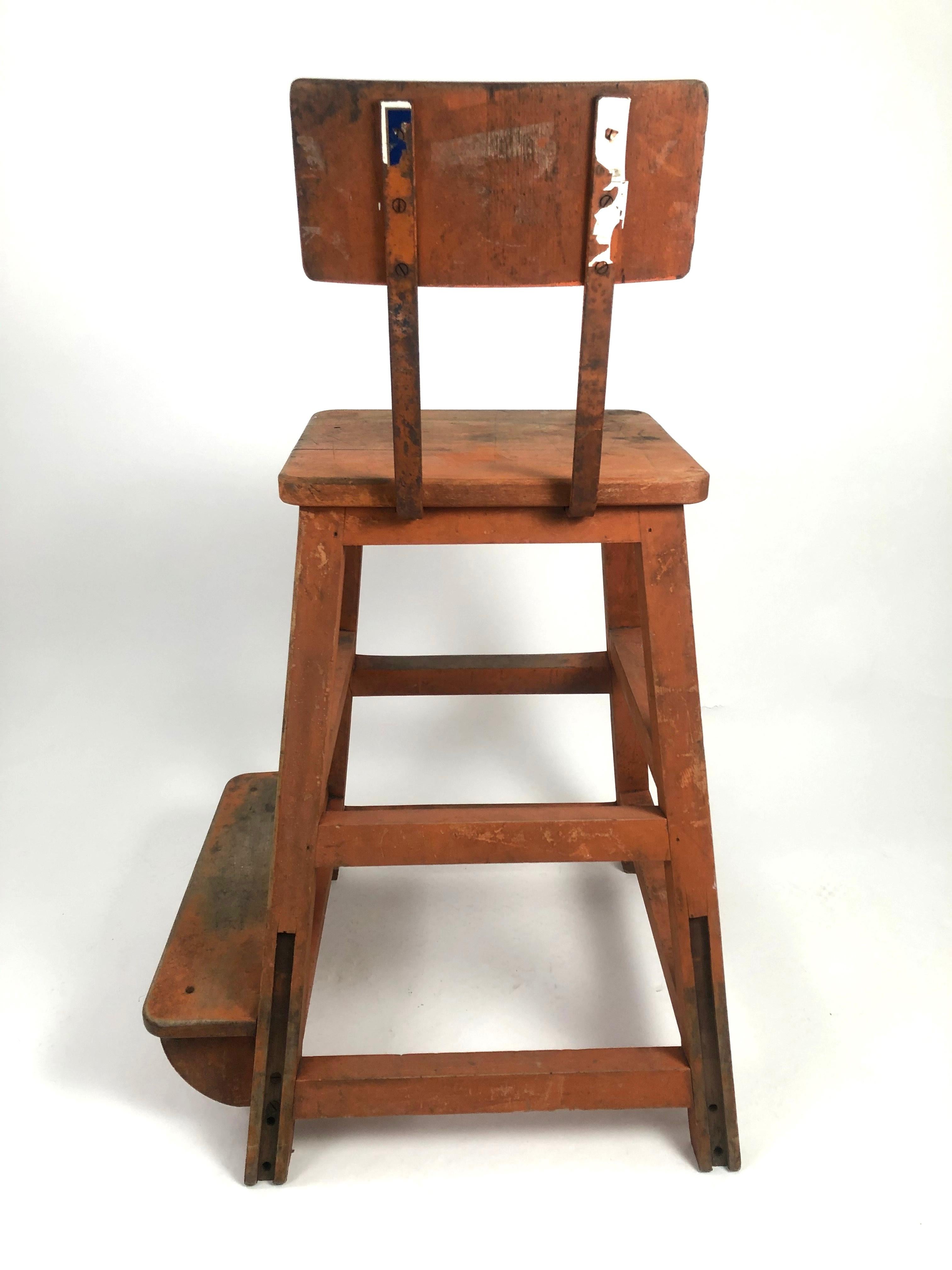 Iron Orange Painted Wood and Metal Industrial Factory Stool, circa 1920s