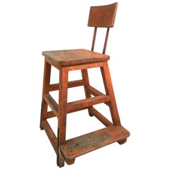 Antique Orange Painted Wood and Metal Industrial Factory Stool, circa 1920s