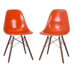 Orange Pair '2' Herman Miller Eames Dsw Fiberglass Dining Side Shell Chairs