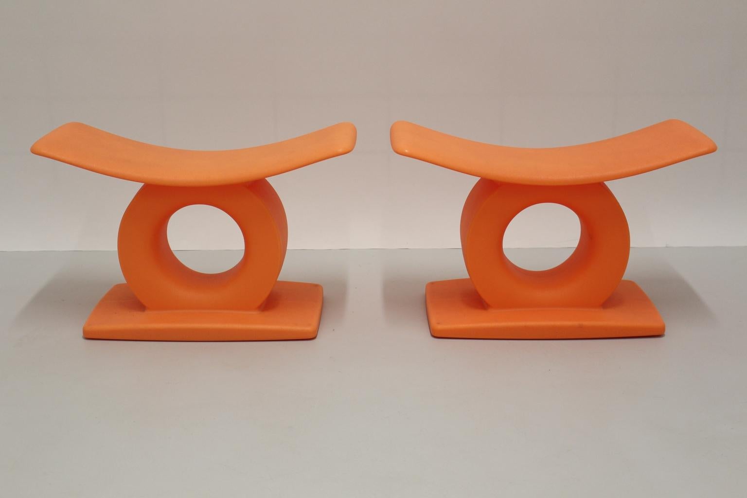 Orange pair of plastic stools Tam Tam, which was designed by Matteo Thun 2002 and executed by Magis Italy.
If you are looking for practical and good looking stools you will love this pair in a bright and powerful color.
Inspired from the African