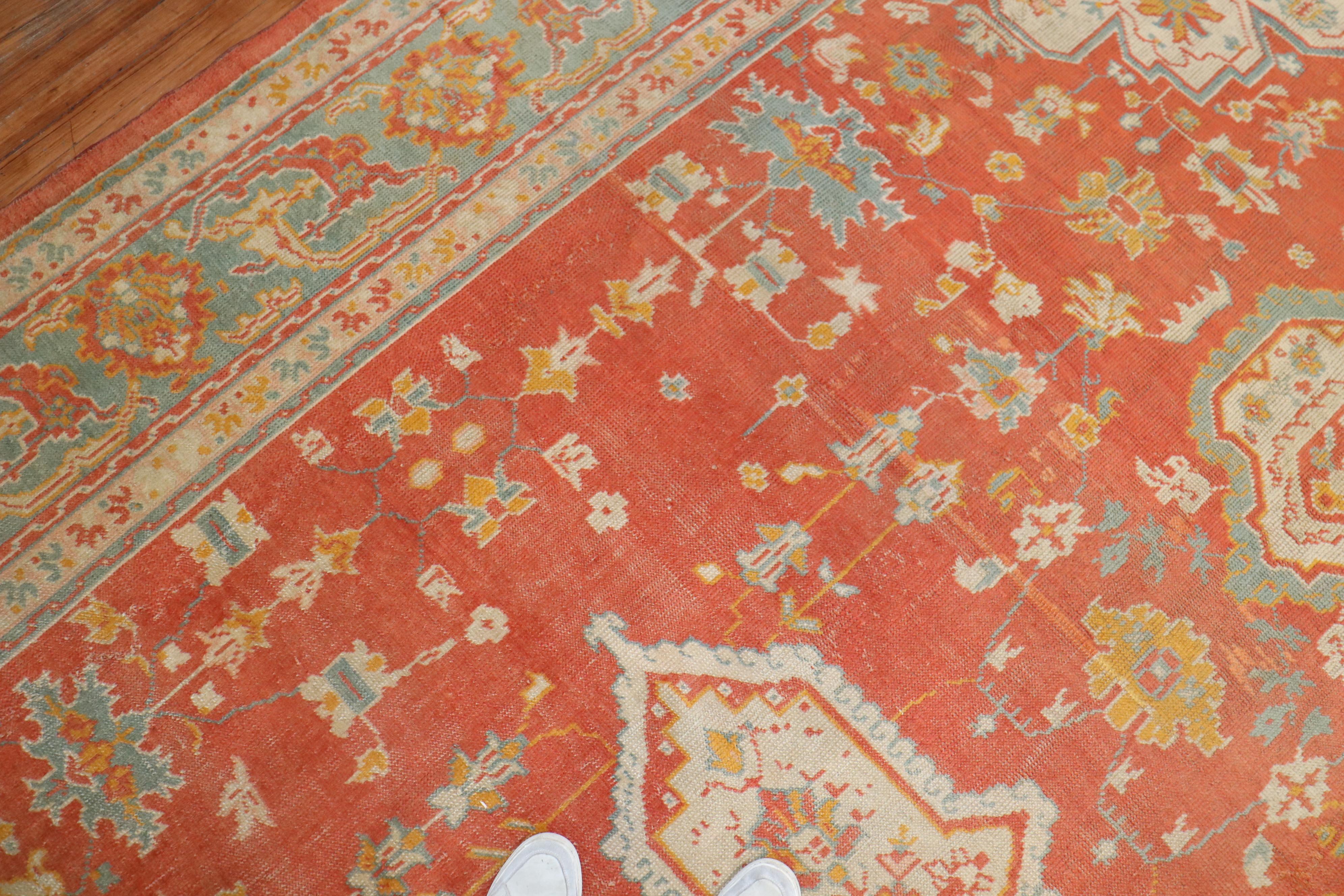 Hand-Woven Orange Peel Antique Turkish Oushak Carpet, 20th Century For Sale