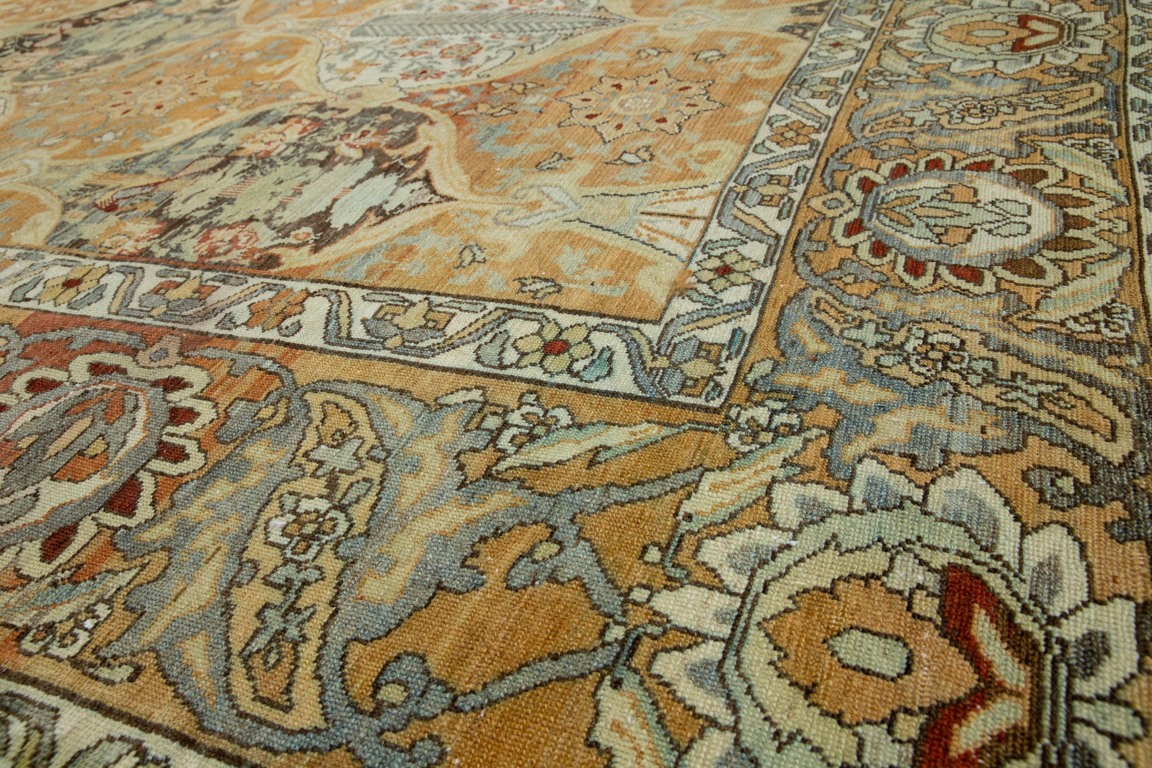 Islamic Orange Persian Bakhtiari Wool Rug Handmade With Geometric Pattern For Sale