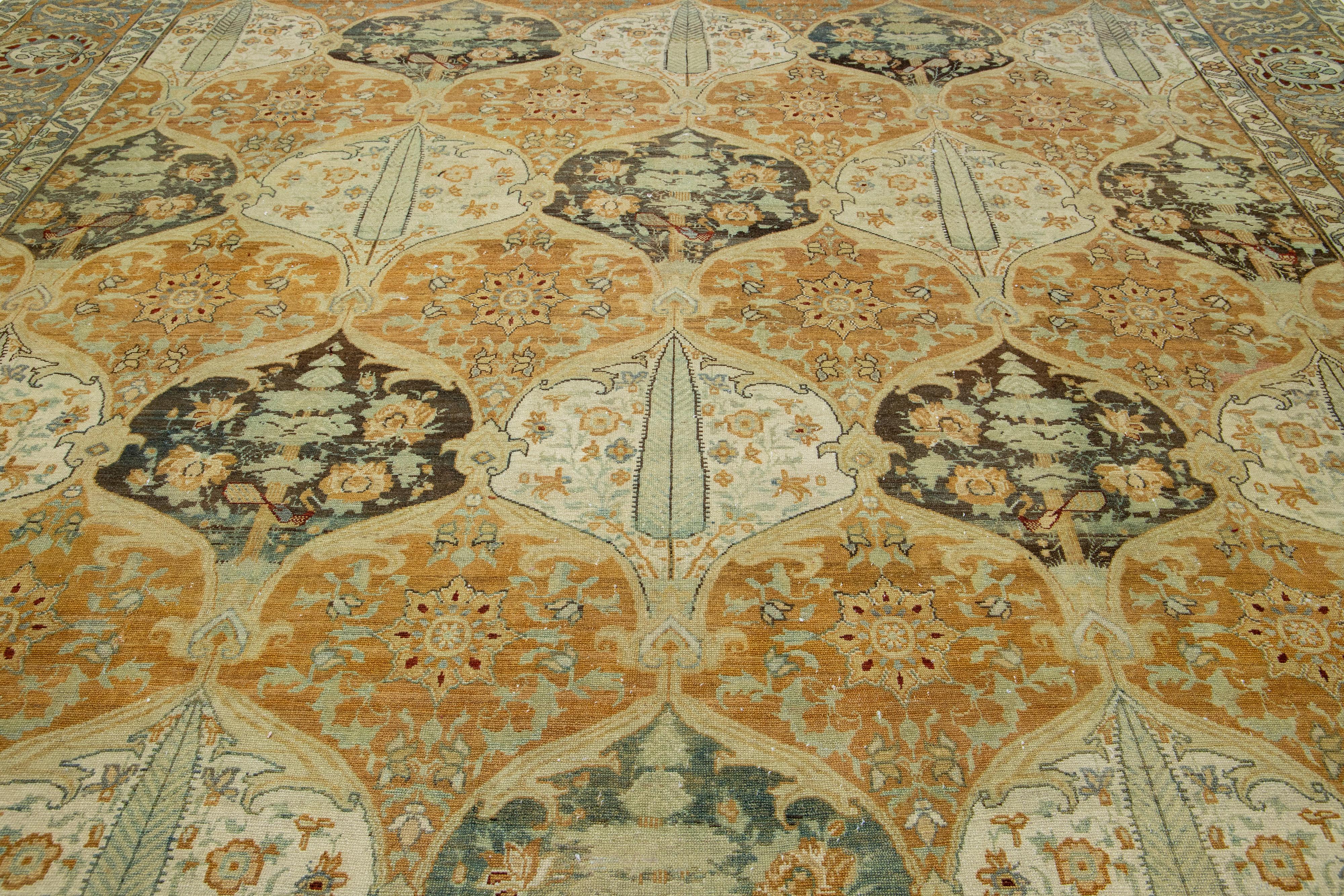 Orange Persian Bakhtiari Wool Rug Handmade With Geometric Pattern For Sale 1