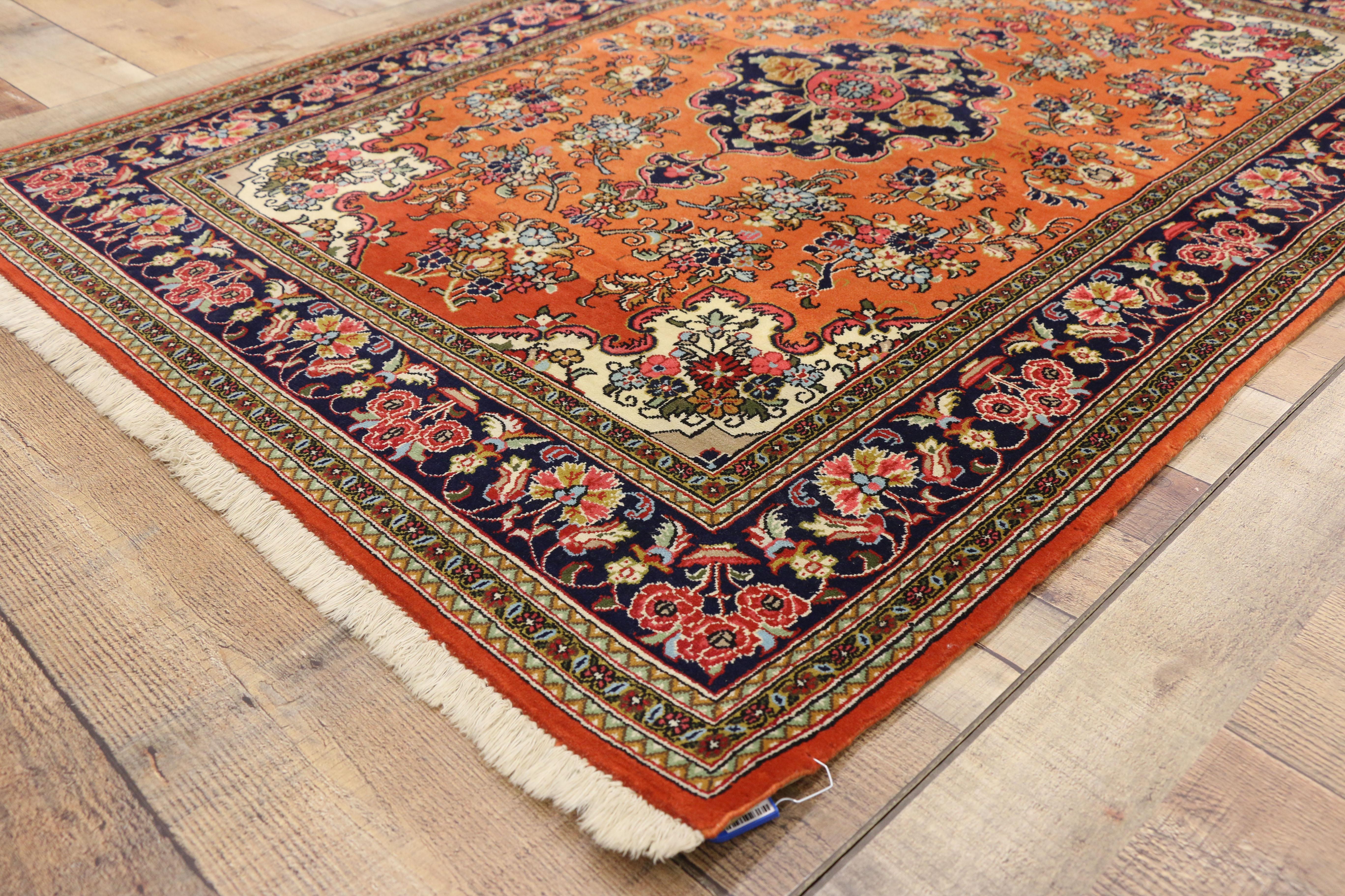 Hand-Knotted Orange Vintage Persian Qum Floral Silk Rug with French Rococo Style For Sale