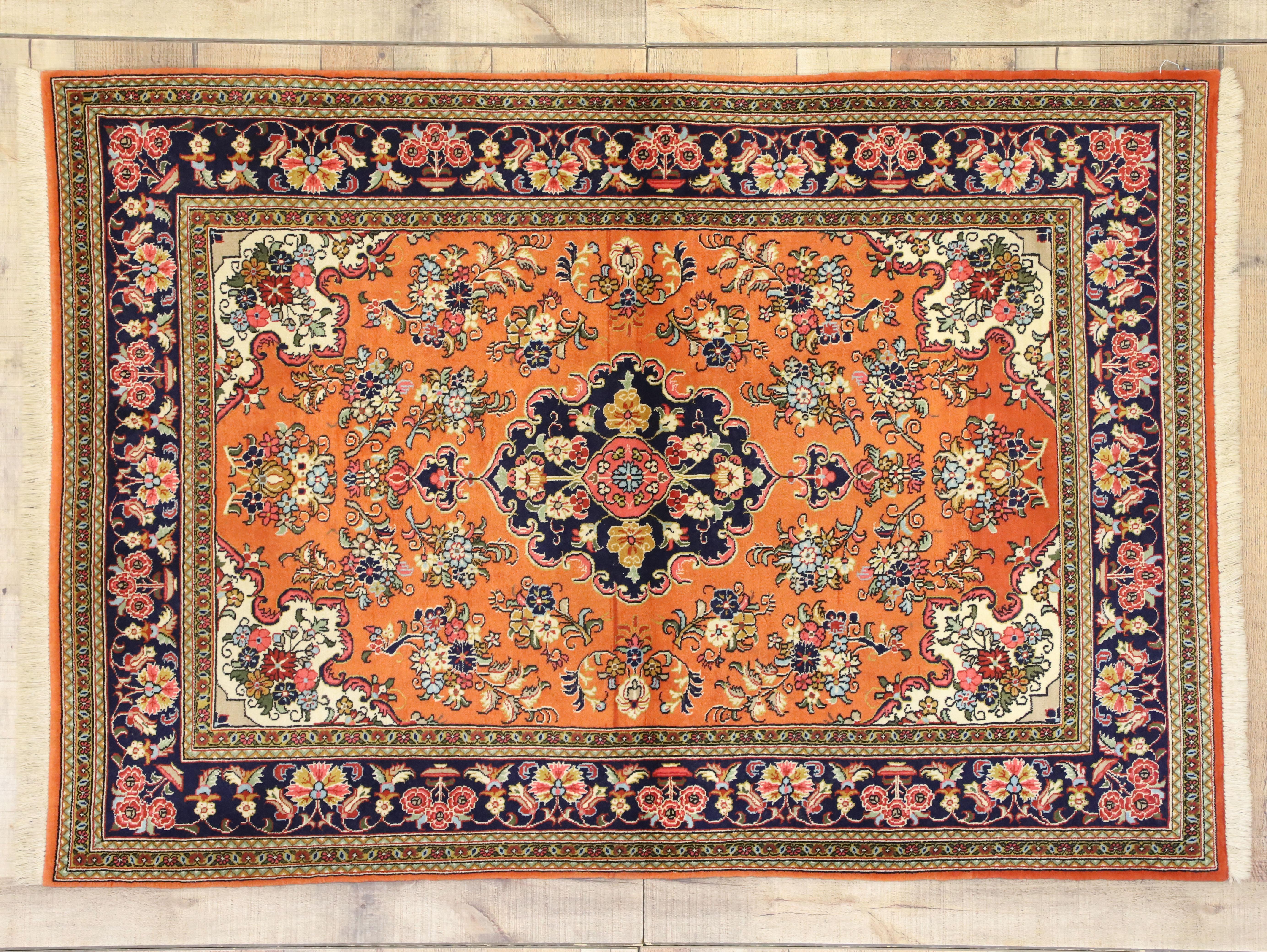 Orange Vintage Persian Qum Floral Silk Rug with French Rococo Style In Good Condition For Sale In Dallas, TX