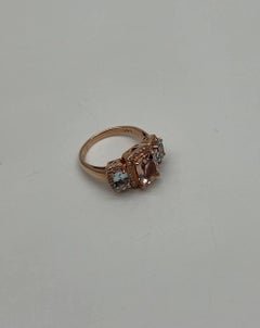 Orange Pink Peach Morganite & Blue Aquamarine 14K White Gold Diamond Ring