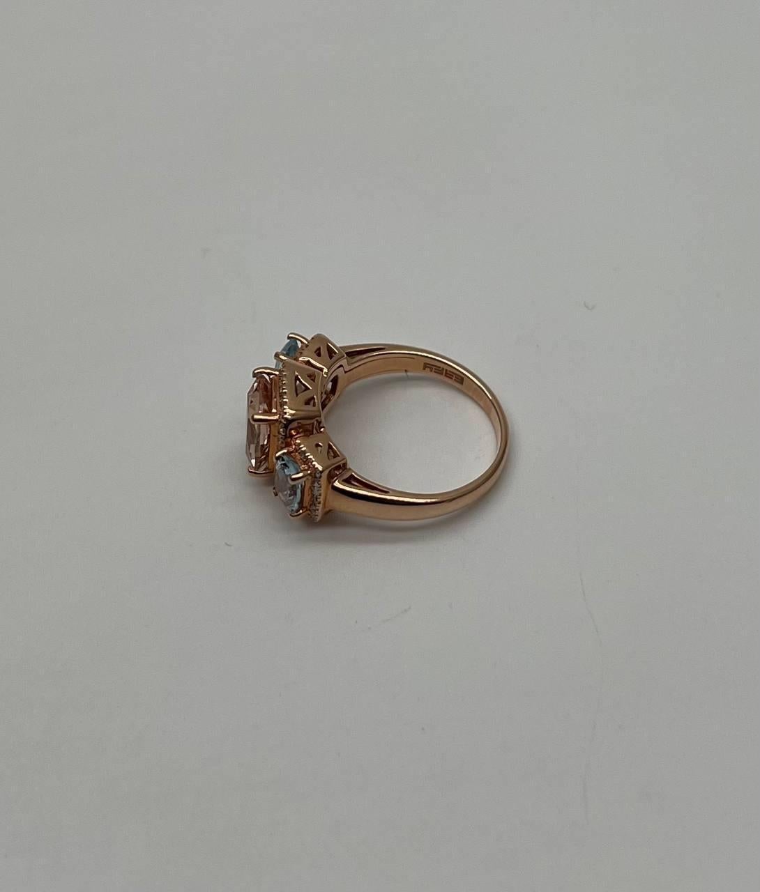 Orange Pink Peach Morganite & Blue Aquamarine 14K White Gold Diamond Ring (Gemischter Schliff) im Angebot