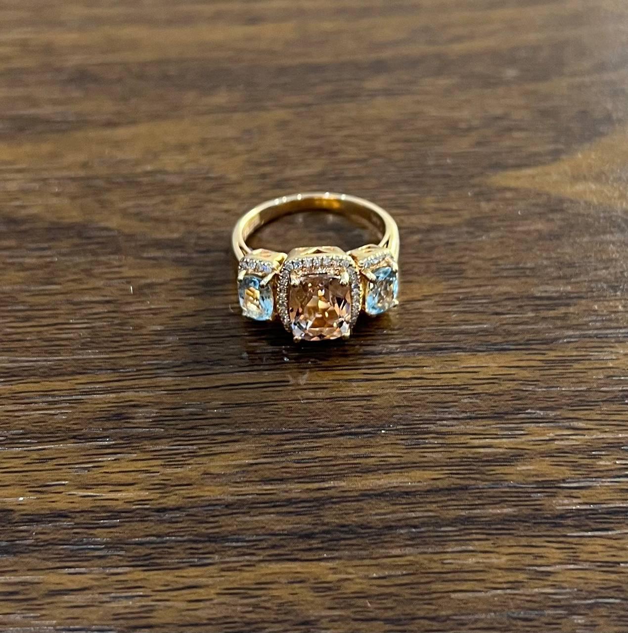 Orange Pink Peach Morganite & Blue Aquamarine 14K White Gold Diamond Ring im Zustand „Neu“ im Angebot in Oakton, VA