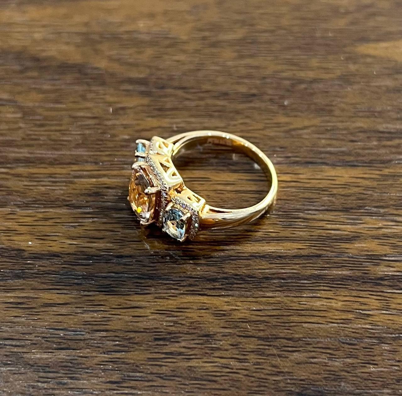 Orange Pink Peach Morganite & Blue Aquamarine 14K White Gold Diamond Ring Damen im Angebot