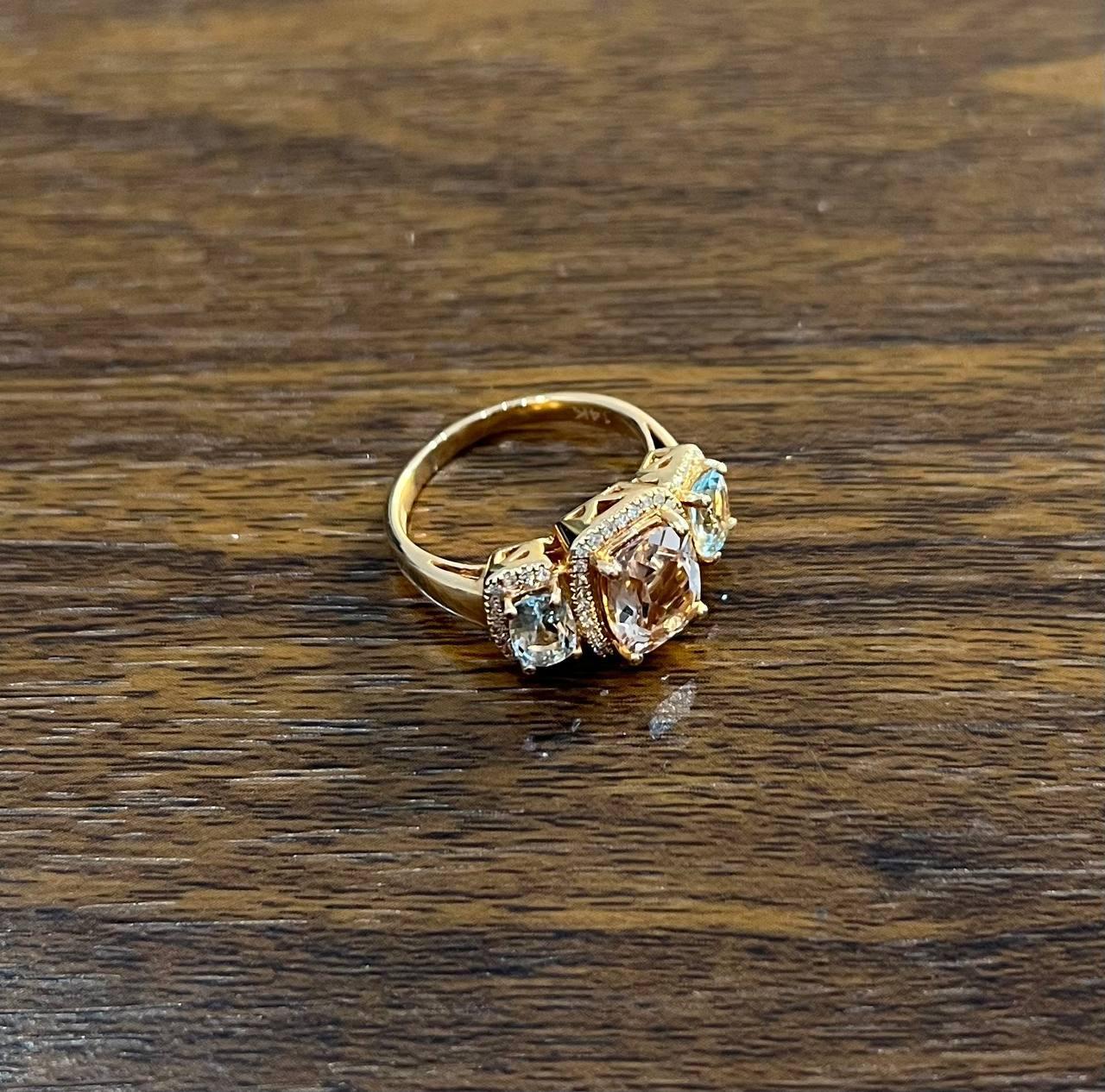 Orange Pink Peach Morganite & Blue Aquamarine 14K White Gold Diamond Ring im Angebot 1