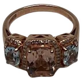 Orange Pink Peach Morganite & Blue Aquamarine 14K White Gold Diamond Ring im Angebot