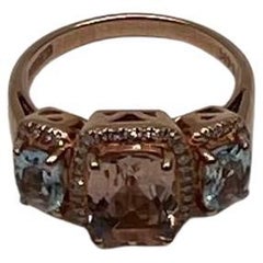 Orange Pink Peach Morganite & Blue Aquamarine 14K White Gold Diamond Ring