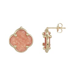 Pendientes de moda en forma de trébol de cuarzo rosa anaranjado con oro amarillo de 14k