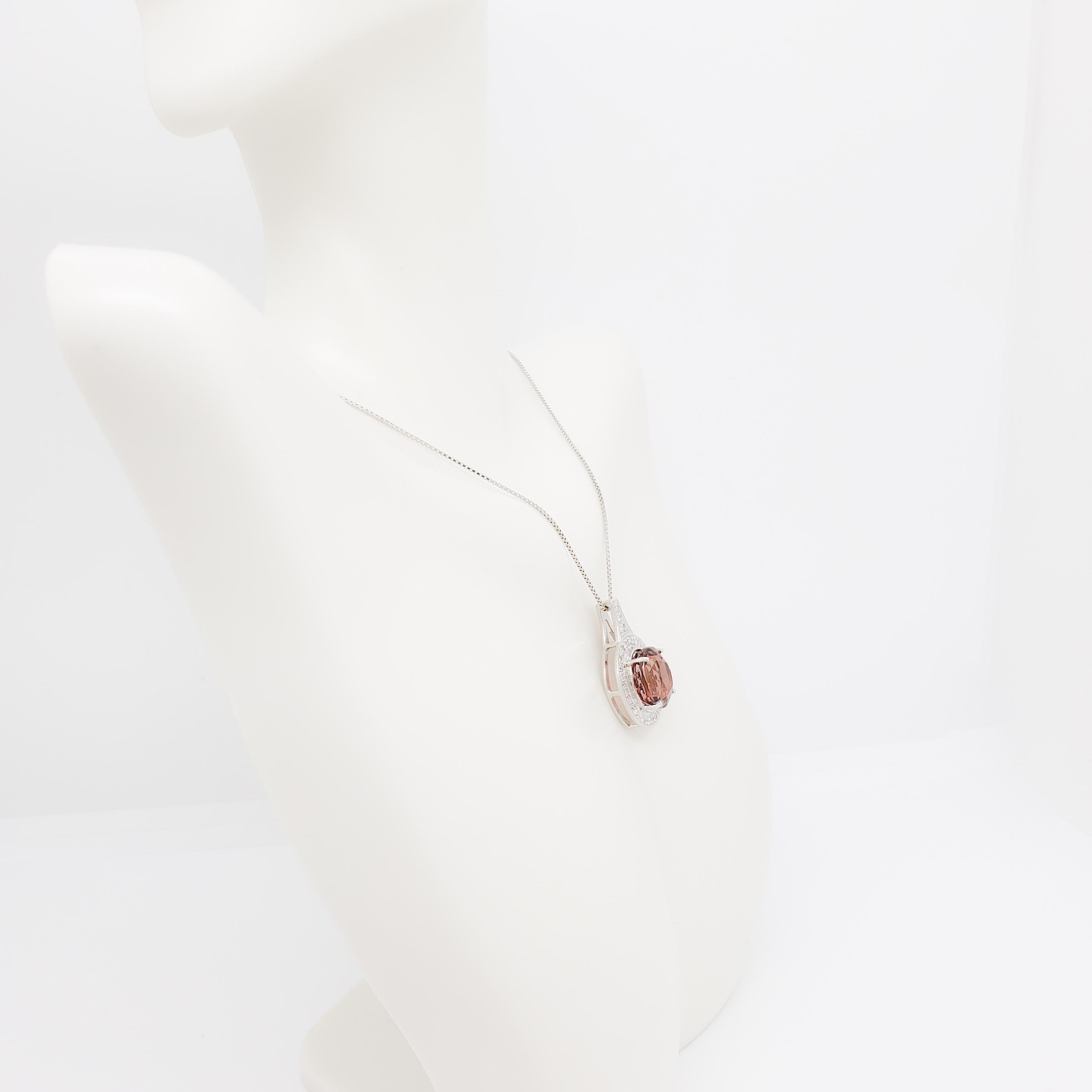 Orange Pink Tourmaline and Diamond Pendant Necklace in Platinum In New Condition For Sale In Los Angeles, CA